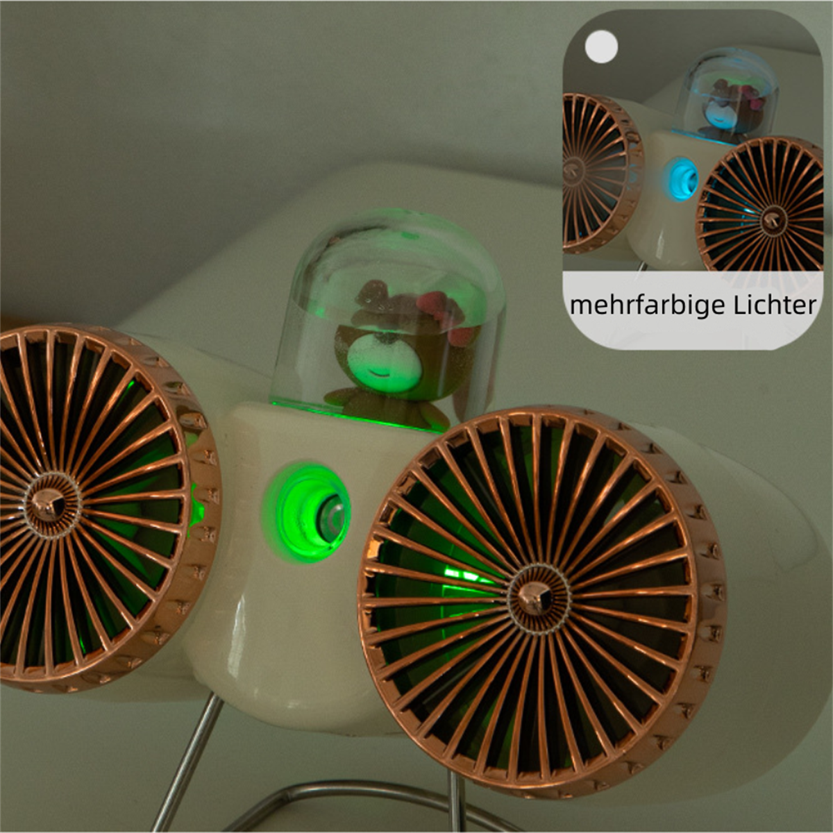 Un juguete blanco con dos ventiladores y una figura de oso dentro de una cúpula de vidrio, iluminado en verde.