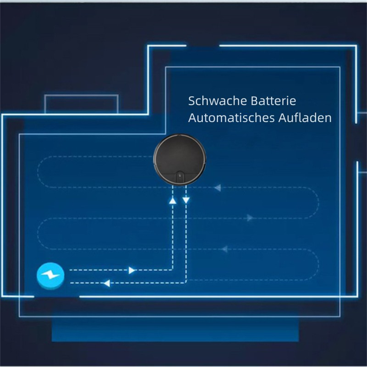 Un robot aspirador sobre un fondo azul, con una ruta de limpieza dibujada y estación de carga.