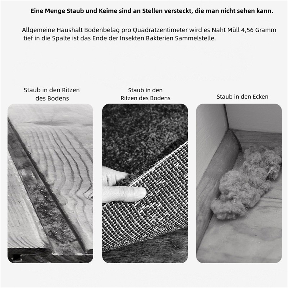 Imagen de un suelo sucio con texto. Primeros planos de polvo en esquinas, grietas y alfombra.