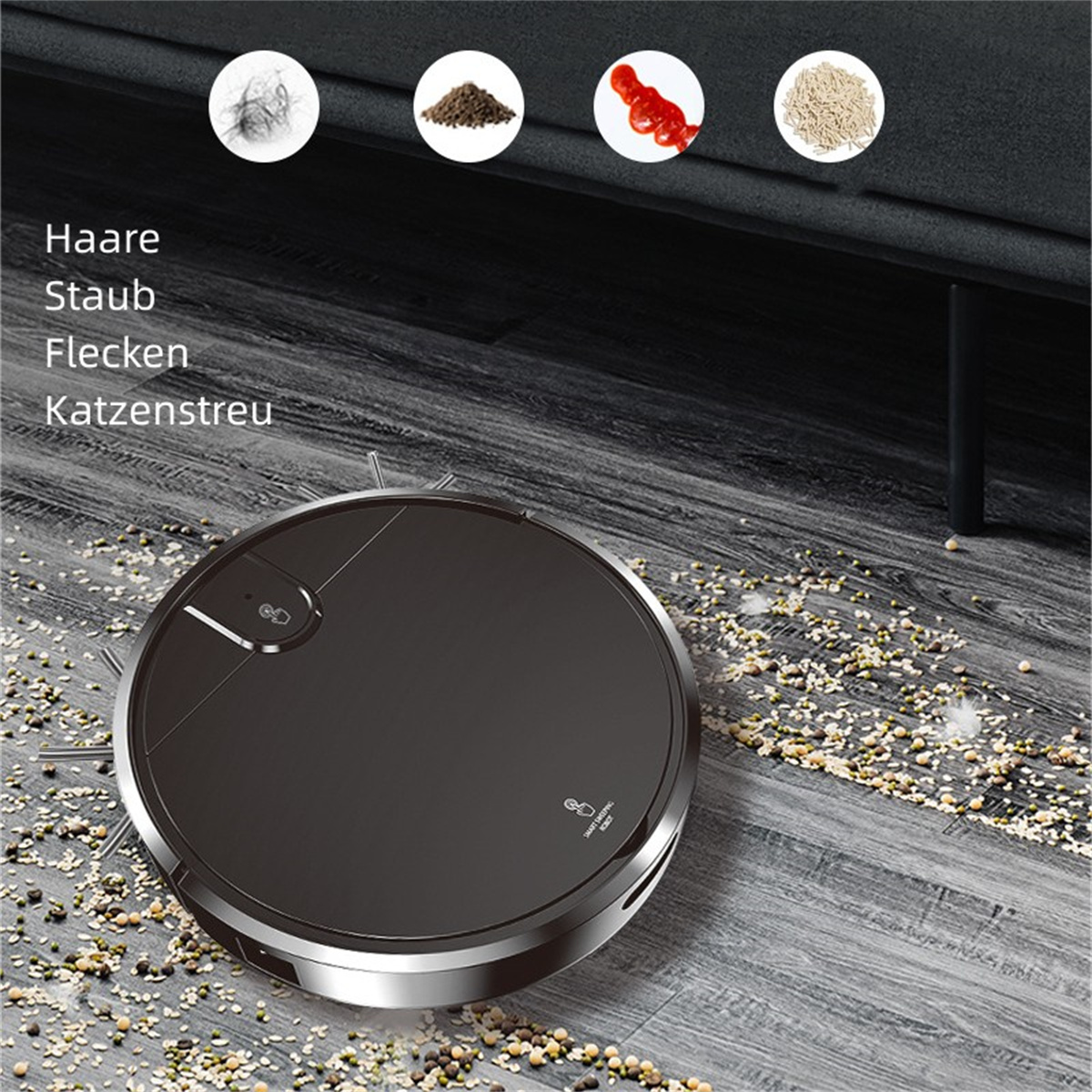 Aspiradora robot negra en un suelo de madera con residuos alrededor.