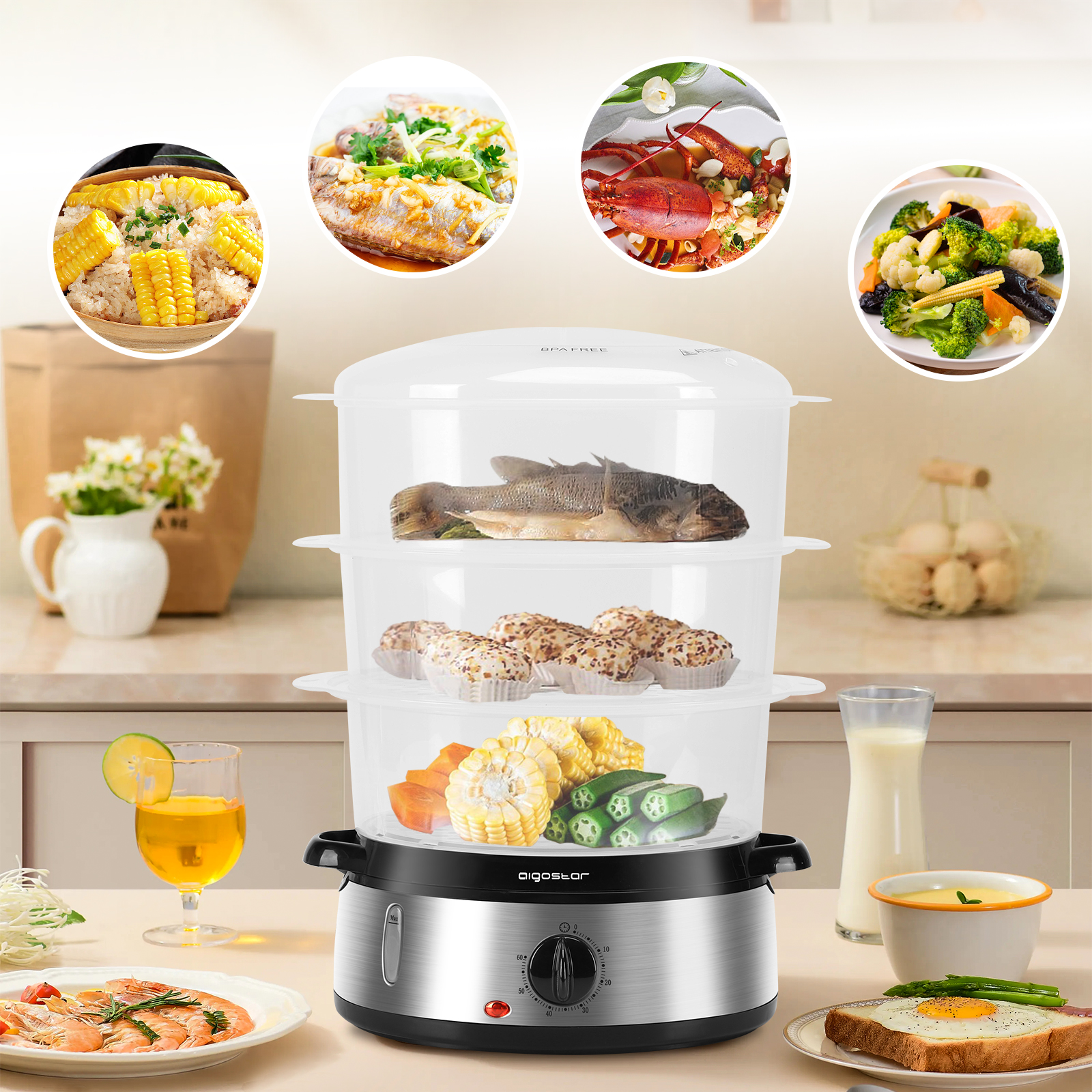 Vaporera con comida: maíz, pescado, magdalenas, verduras y camarones.