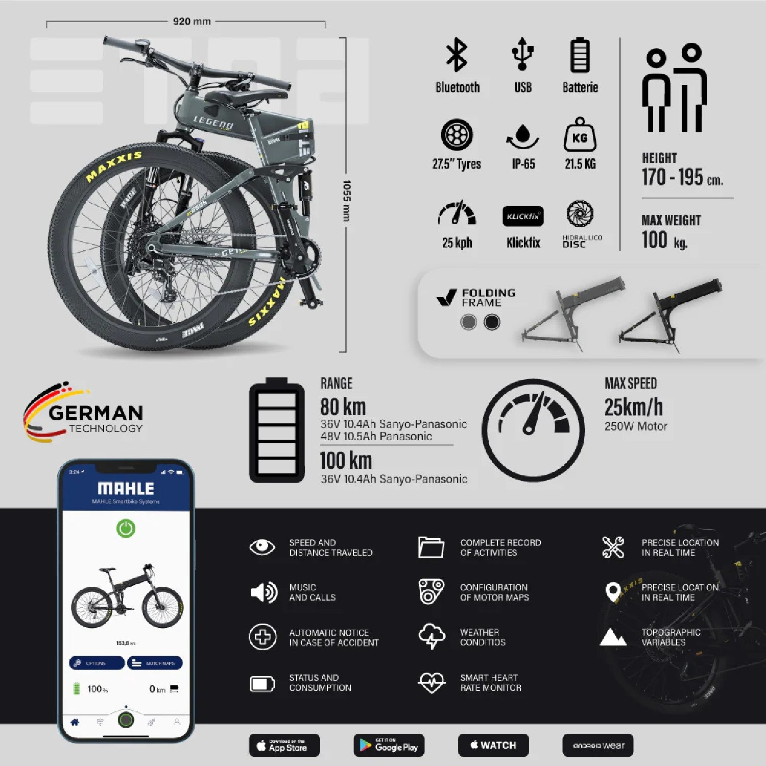 Ein E-Bike mit Spezifikationen: 80-100 km Reichweite, 25 km/h Geschwindigkeit und Smartphone-App.
