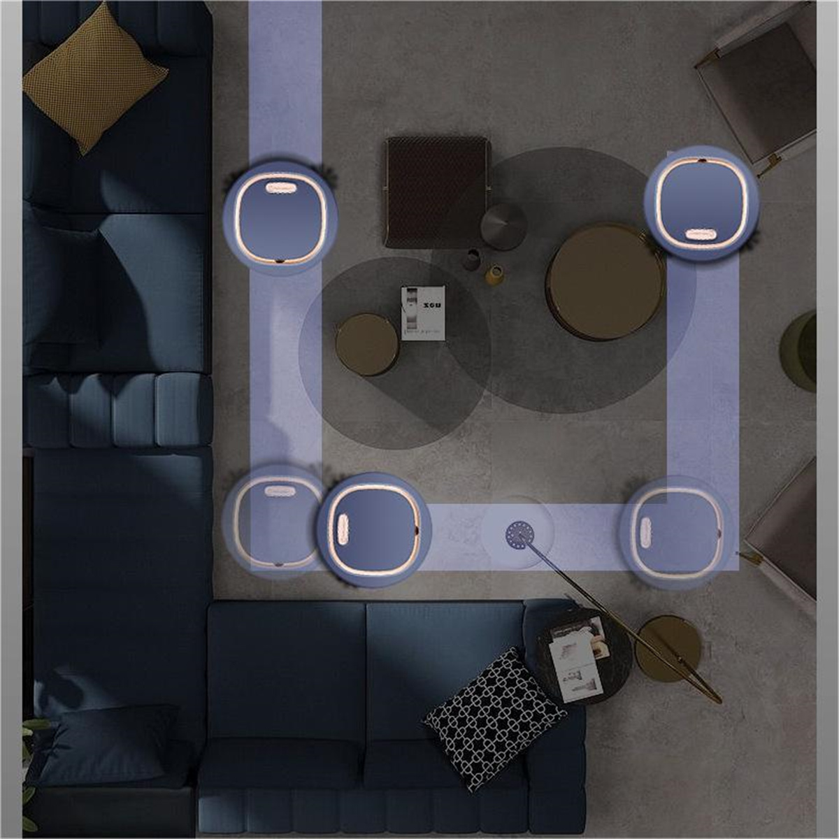 Aspiradoras robóticas en un suelo gris, limpiando. La habitación tiene muebles y una alfombra.