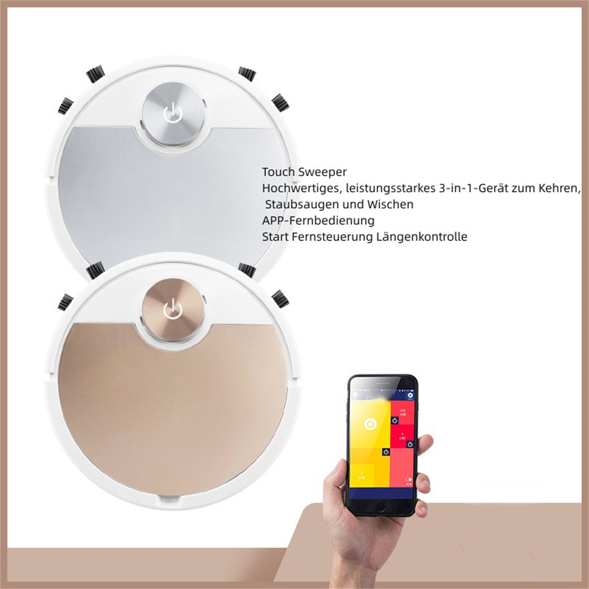 Dos aspiradoras robot, un smartphone y texto sobre un dispositivo 3 en 1 y control remoto.