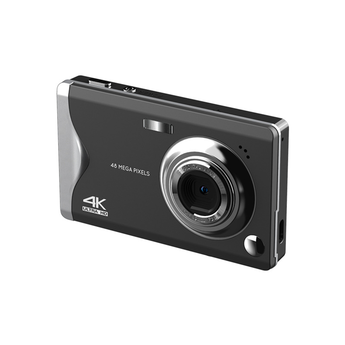 Eine schwarz-silberne Digitalkamera mit 48MP und 4K Ultra HD.