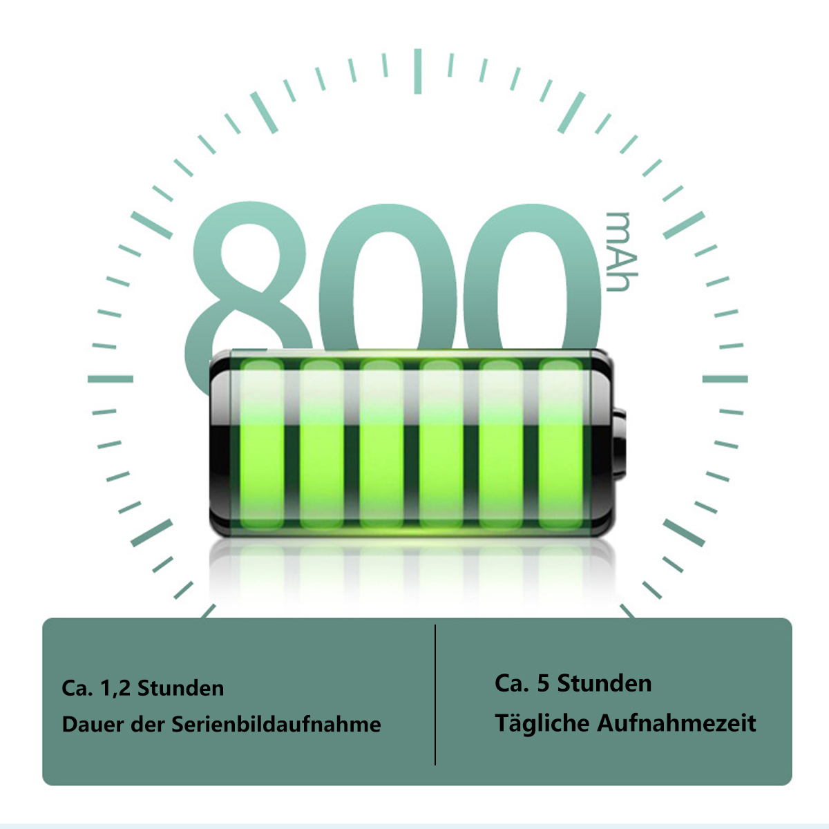 Icono de batería con 800 mAh. Abajo, texto indica tiempo grabación 1.2h, y tiempo diario 5h.