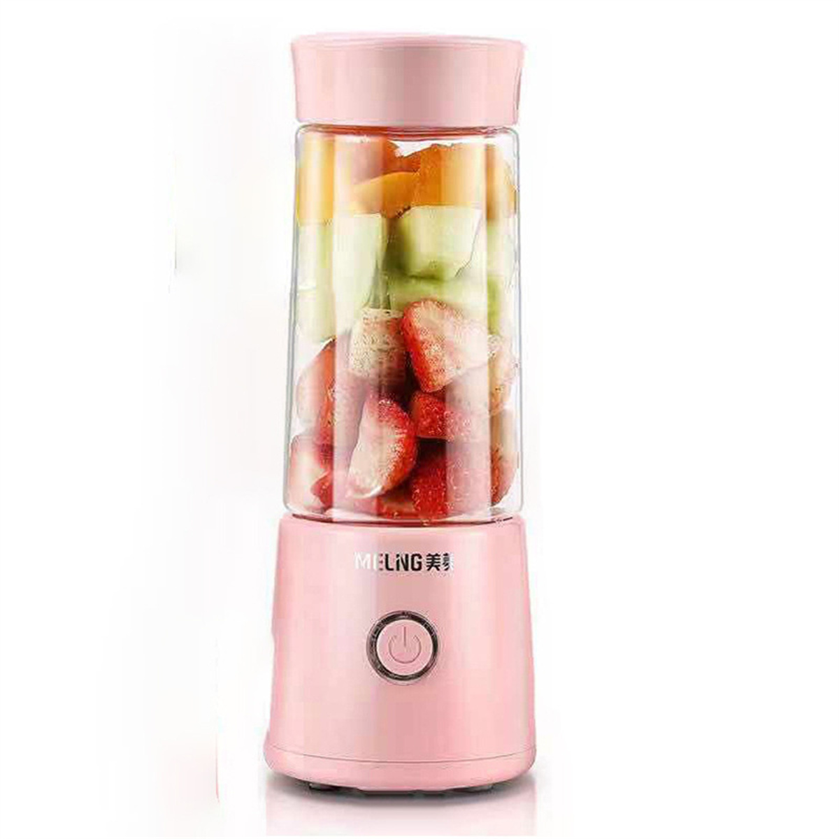 Licuadora rosa llena de trozos de fruta.