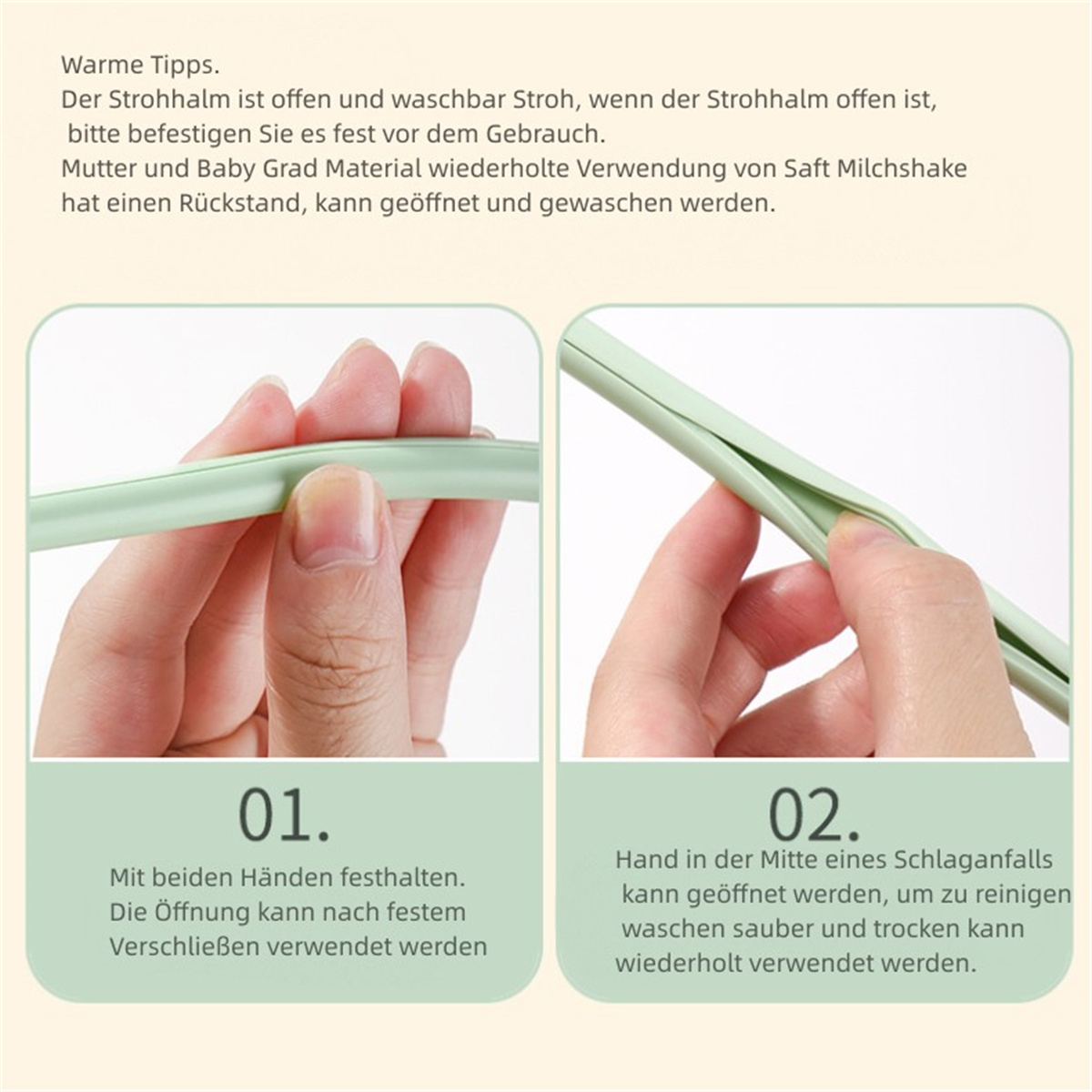 Dos manos sosteniendo una pajita de plástico verde. Texto e ilustraciones en el fondo.