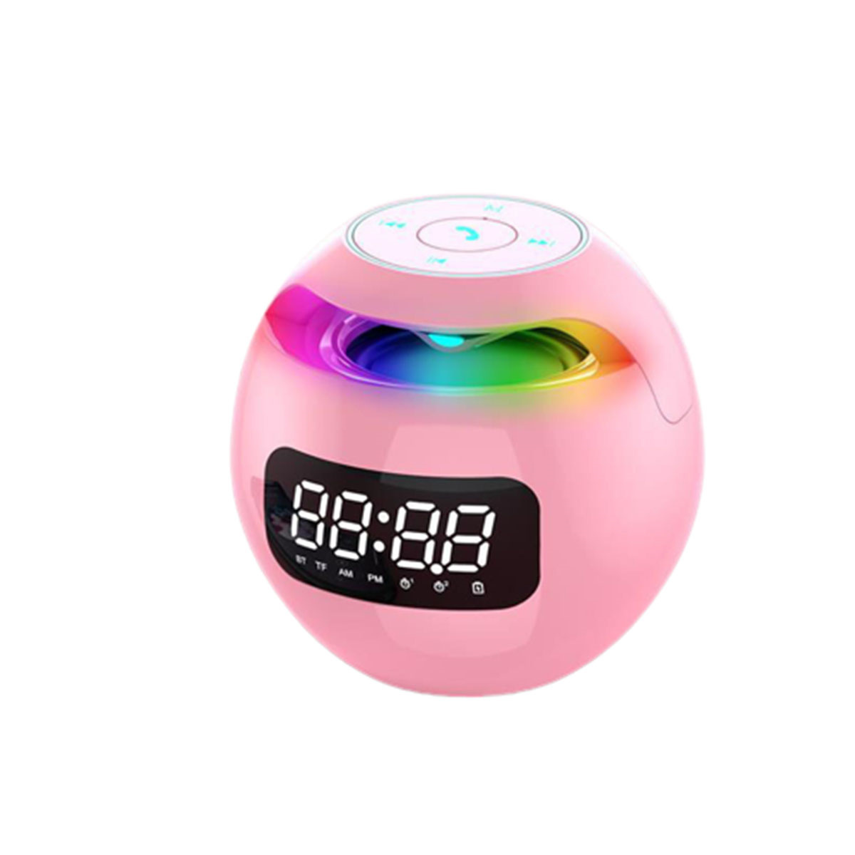 Altavoz rosa con efectos de luz y reloj digital. Fondo blanco.
