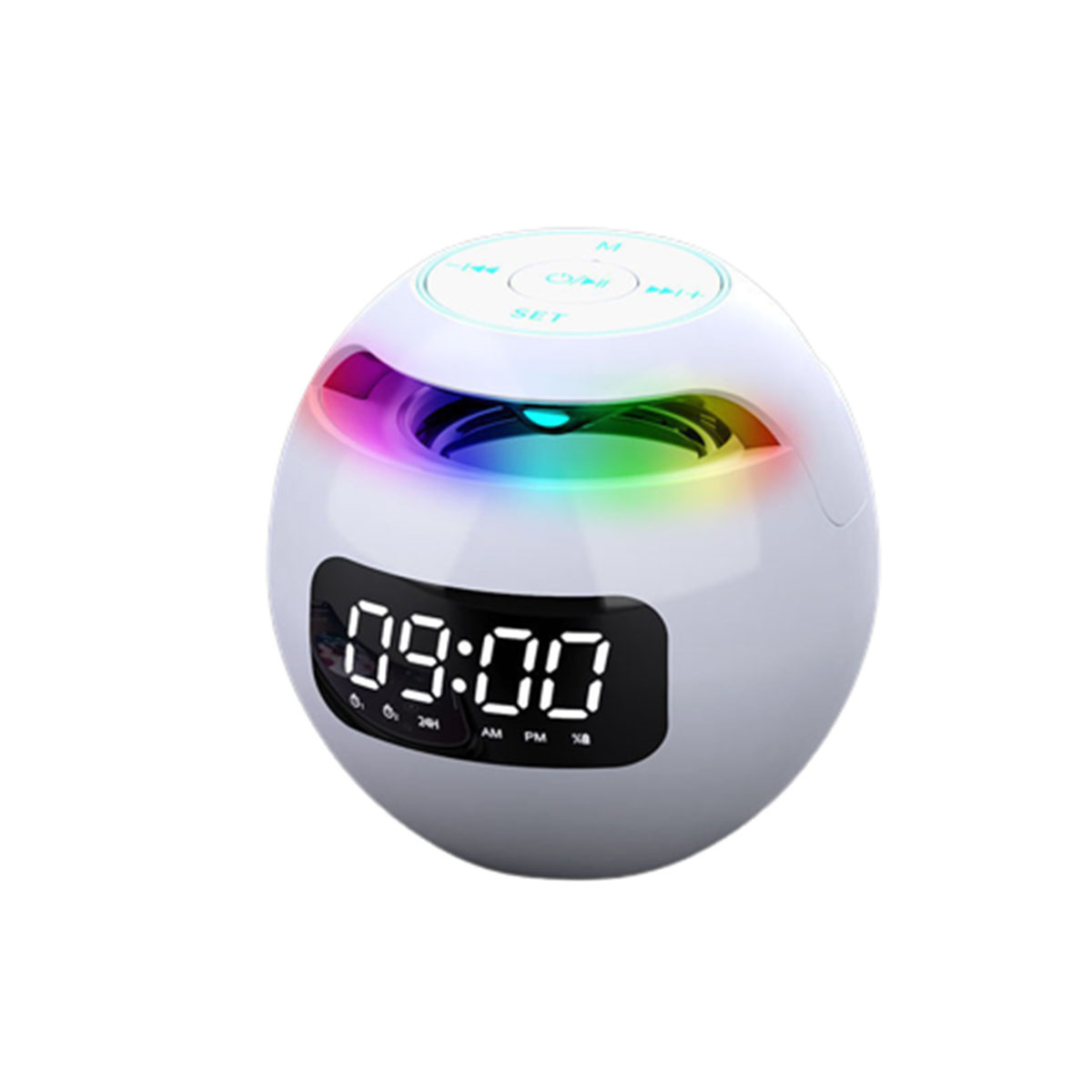 Altavoz de reloj esférico blanco. El reloj muestra las 09:00. Hay luces coloridas alrededor.