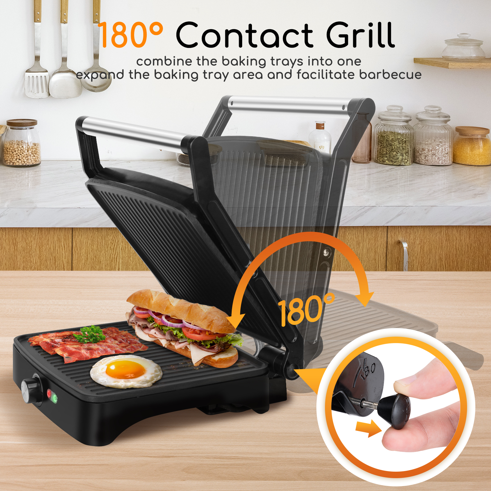 Parrilla de contacto negra con comida, abierta a 180 grados, con gráfico de flecha y manos girando una perilla.