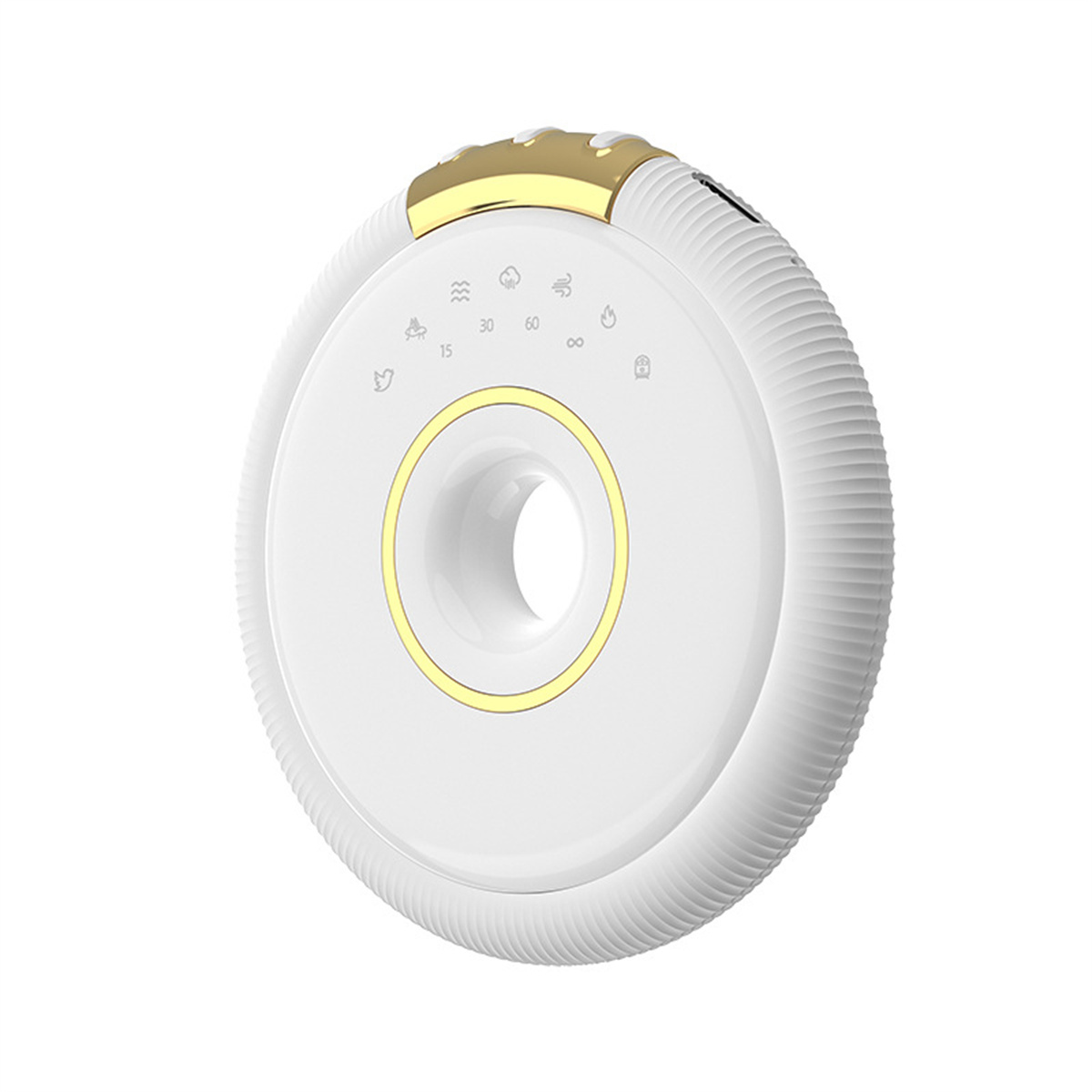 Un dispositivo circular blanco con un anillo y botones dorados, que emite luz. El fondo está borroso.