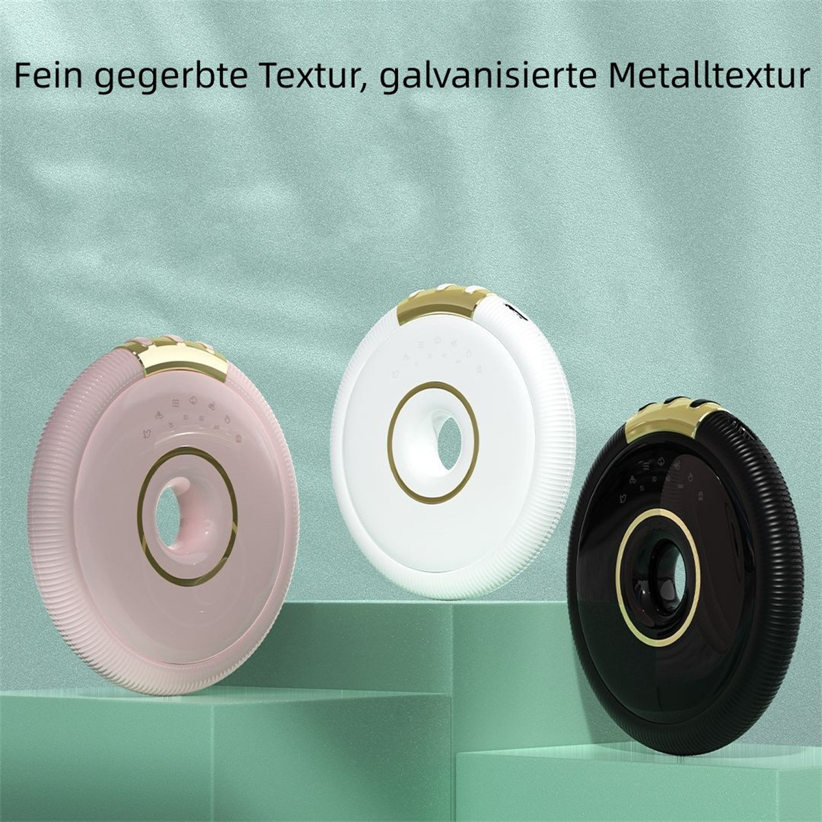 Tres dispositivos en forma de dona en rosa, blanco y negro con agujeros circulares. Superficie texturizada y diseño elegante.