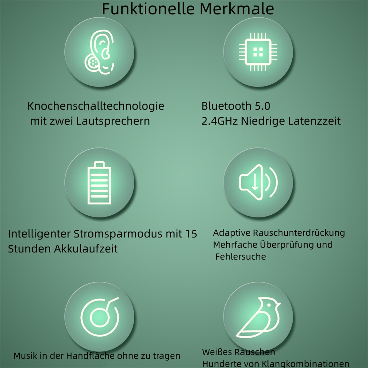 Infografía con iconos de conducción ósea, Bluetooth, duración batería, y ruido blanco.