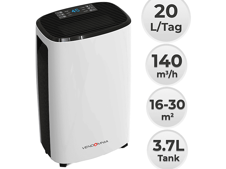 Tag, 30 Luftentfeuchter Raumgröße: 3,7L Behälter 20L / m²) Weiss, VENDOMNIA