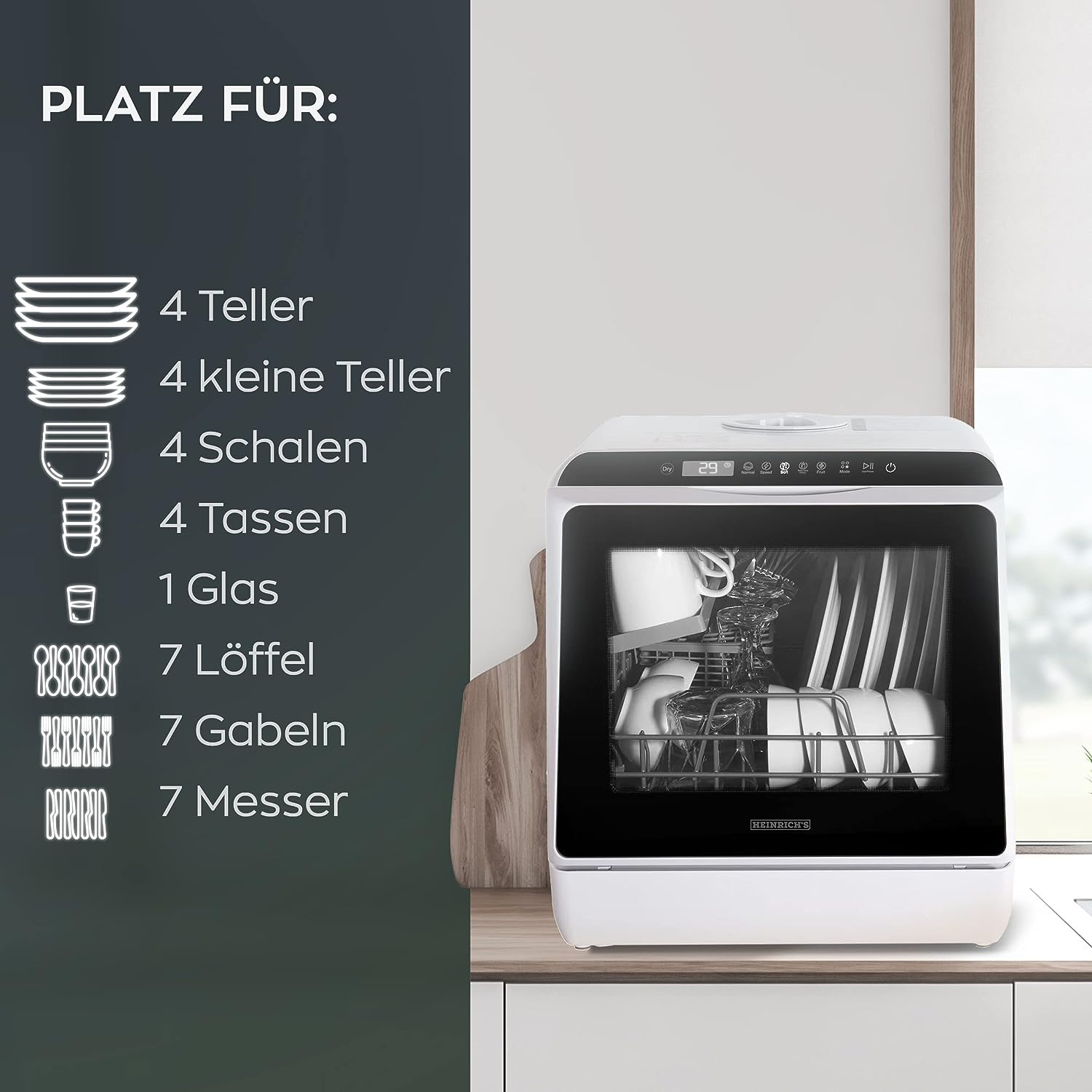 Ein kleiner weißer Geschirrspüler mit offener Tür. Er enthält Regale mit Tellern, Tassen und Utensilien.