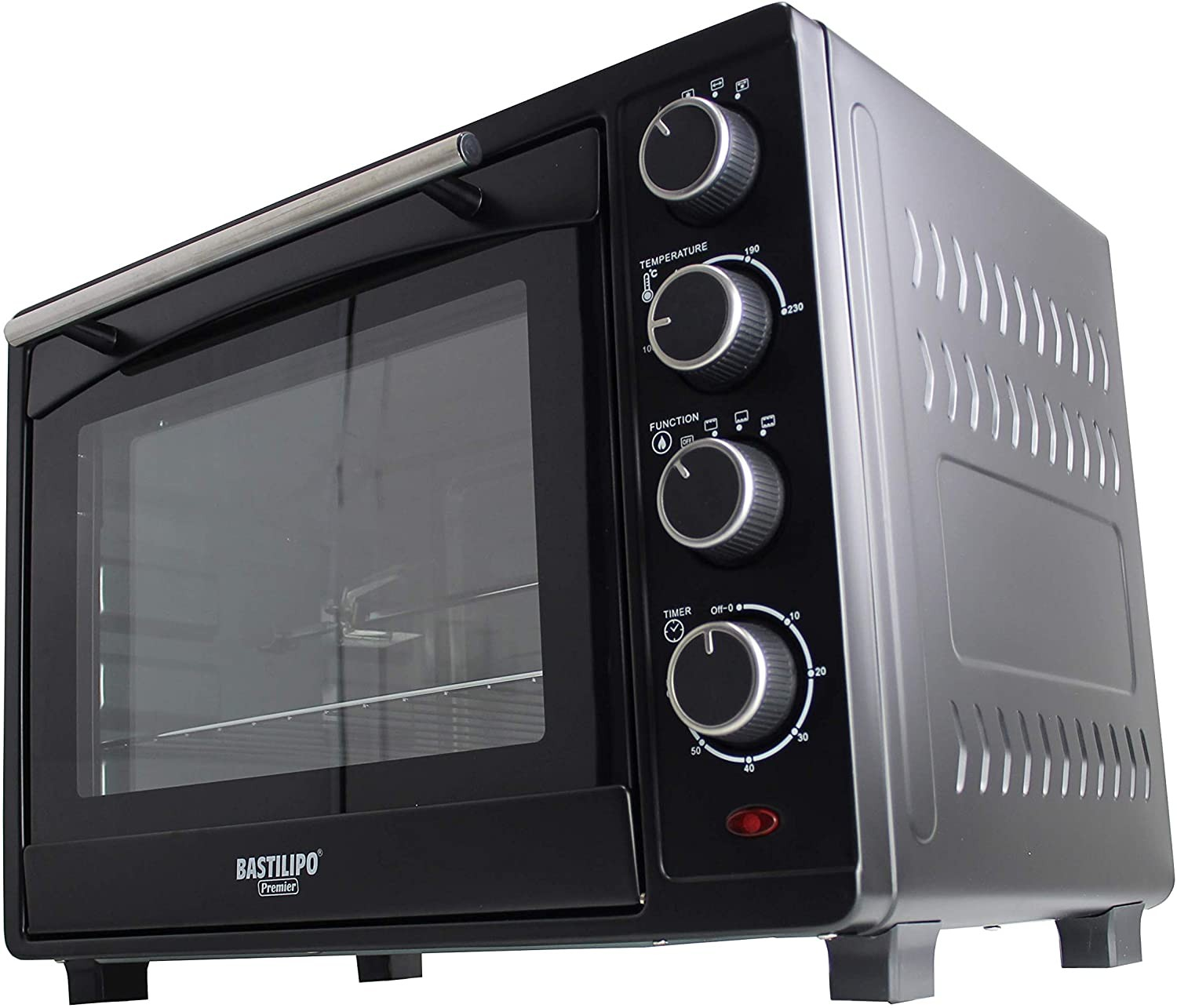 Un forno nero con pannello di controllo e porta a vetri. Ha una maniglia argentata e un'etichetta.