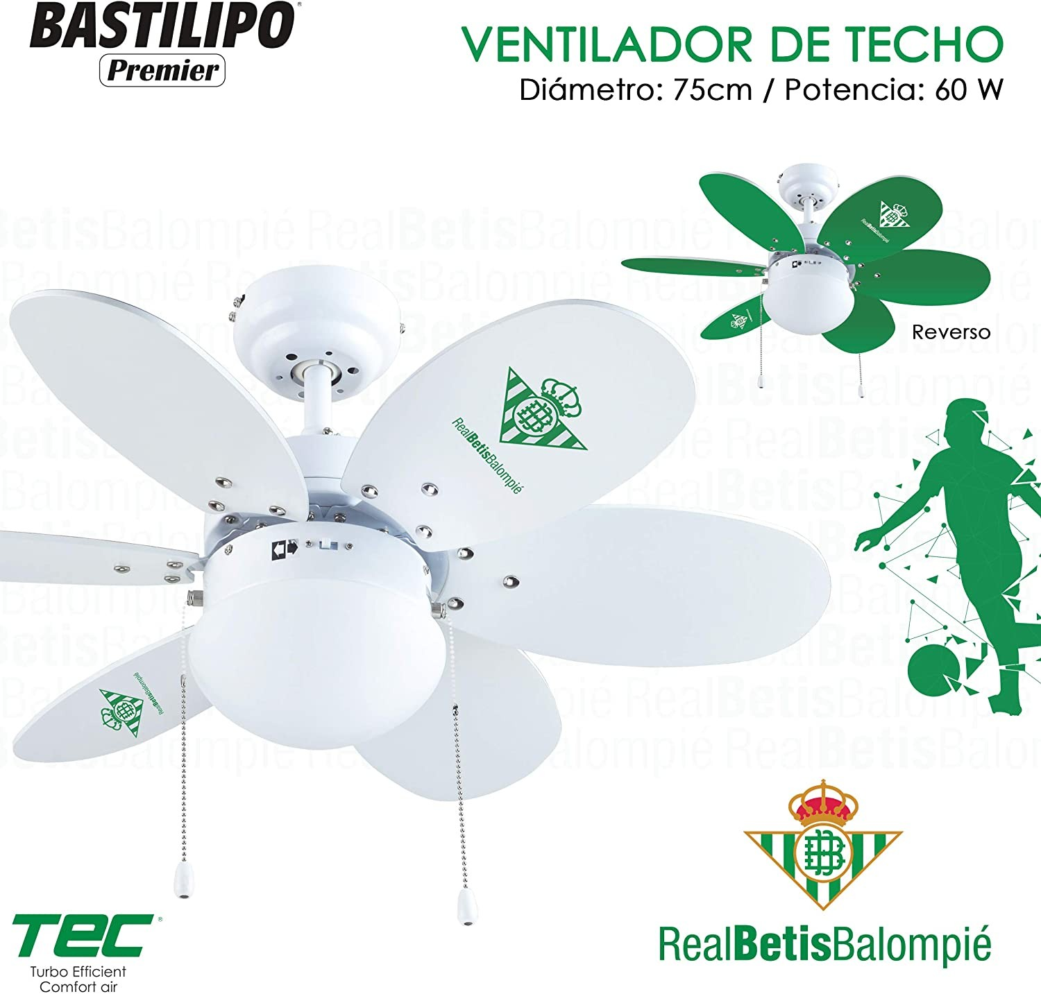 Ventilador de techo blanco con aspas verdes. El ventilador tiene el logo Real Betis Balompié.