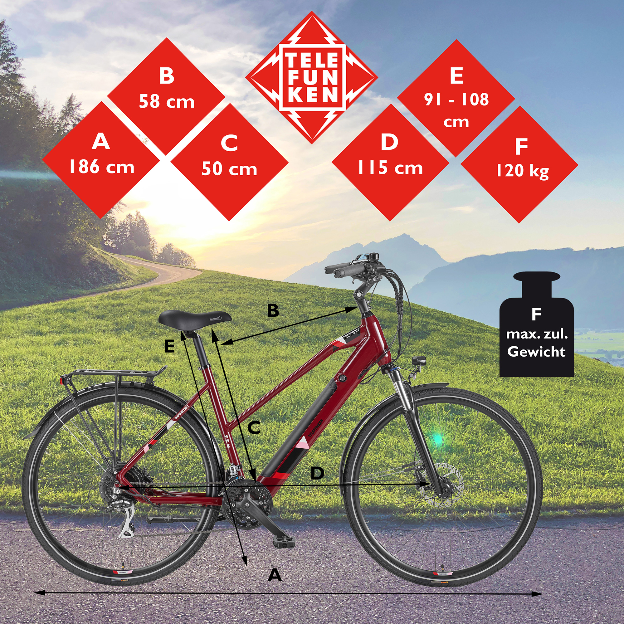 Ein rotes Fahrrad mit angegebenen Abmessungen und Messungen. Ein Fahrrad und eine Berglandschaft.