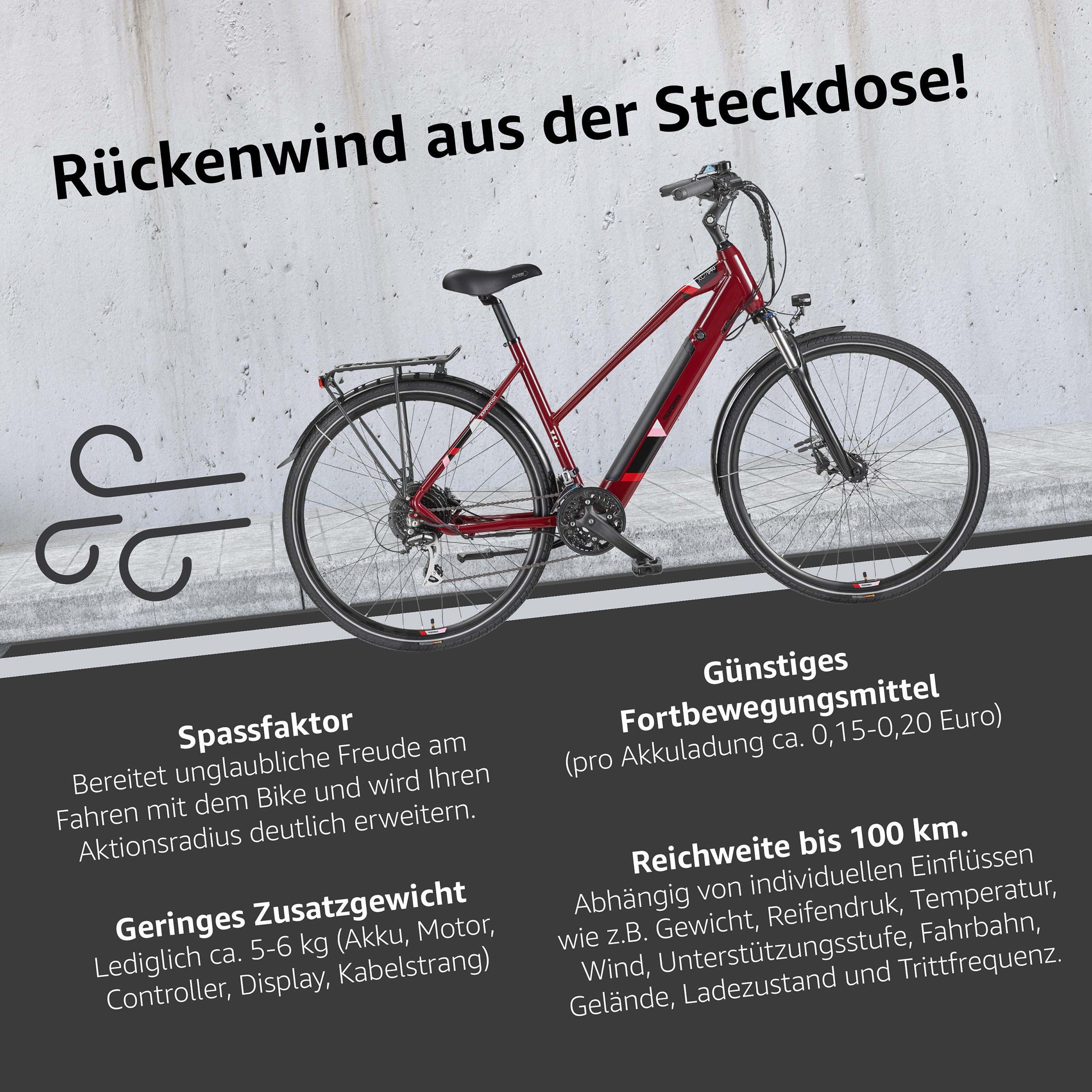 Rotes Elektrofahrrad mit Text über Freude und Vorteile.