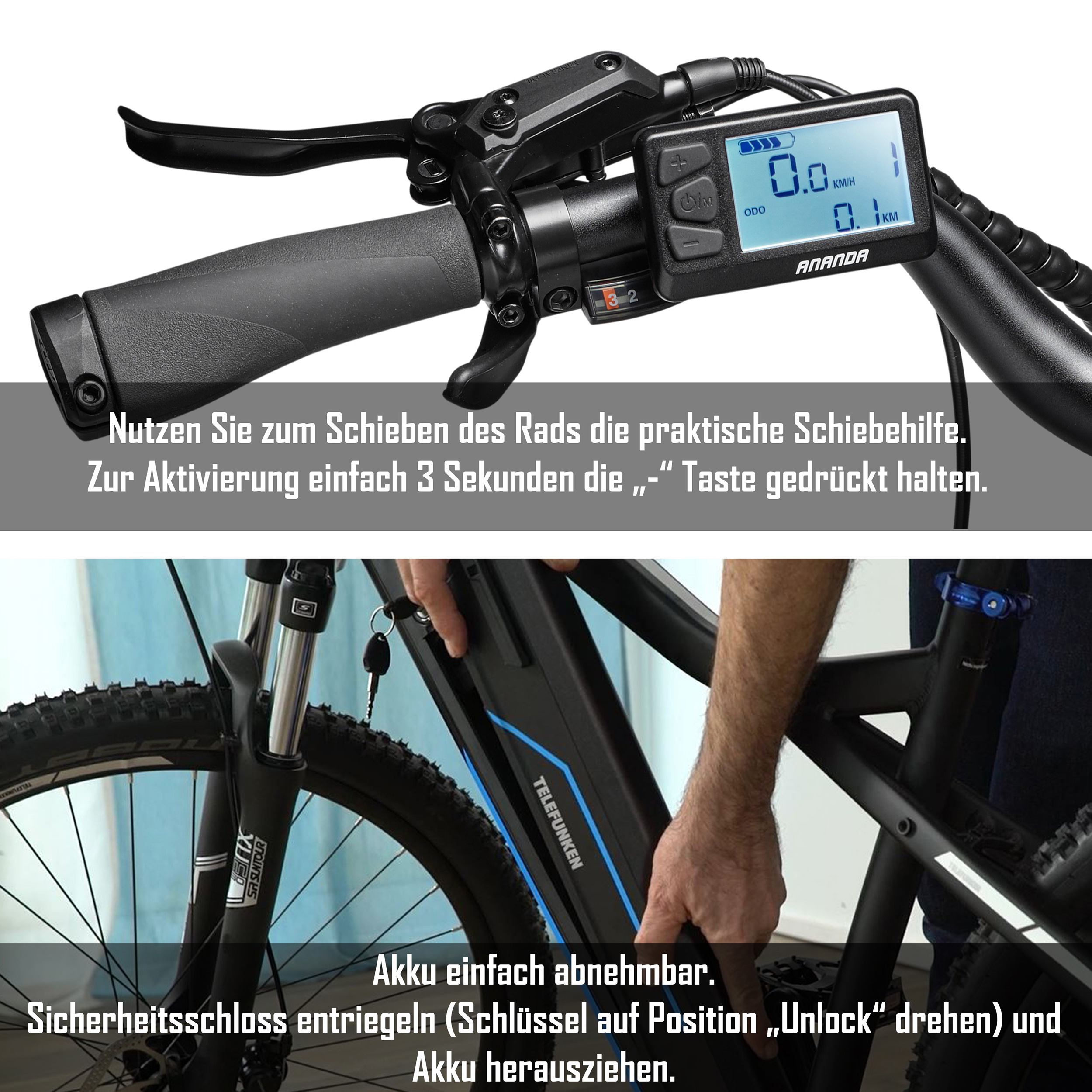 E-Bike-Lenker mit Display, das 0,0 km/h anzeigt. Schwarze Bremshebel und ein schwarzer Griff sind sichtbar.