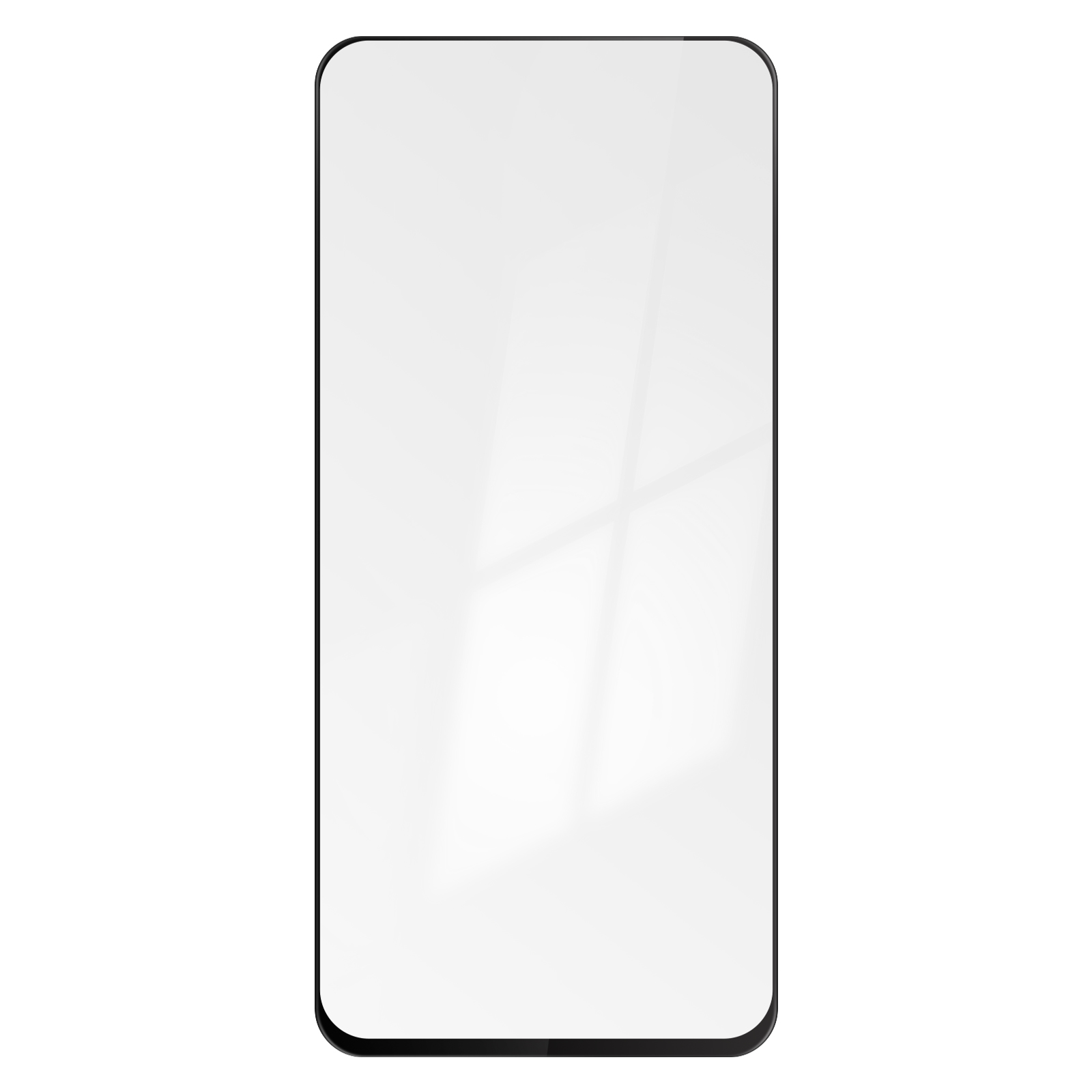 Pellicola protettiva per smartphone. Vetro trasparente rettangolare. Cornice nera. Superficie lucida.