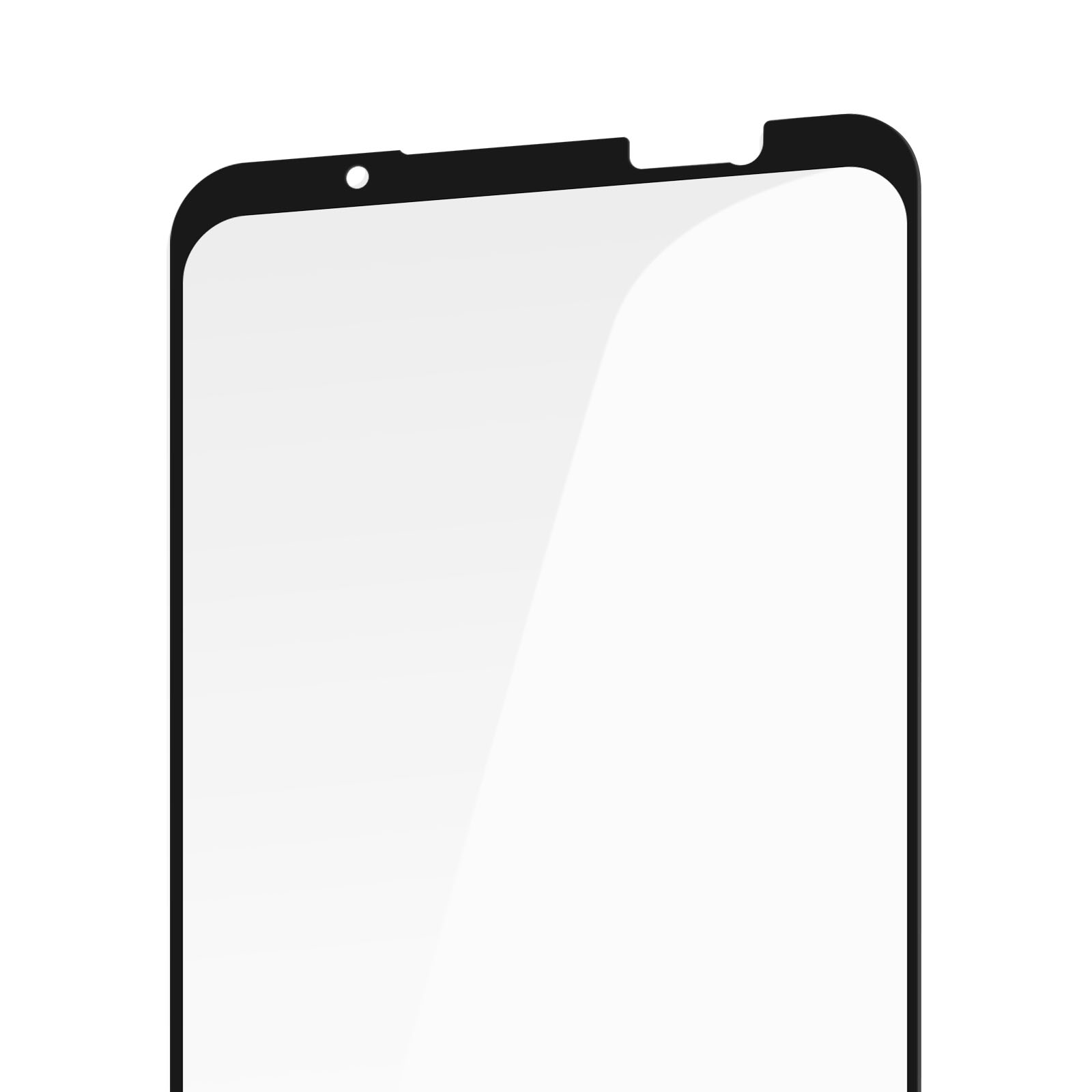 Primo piano di una protezione per schermo di smartphone con bordo nero, superficie lucida e sfondo bianco.