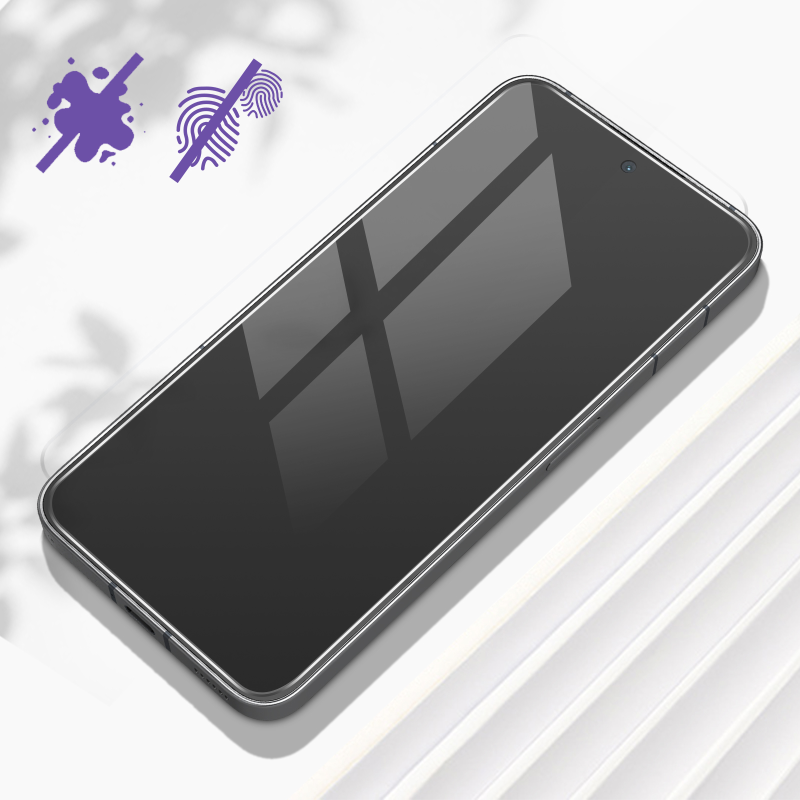 Smartphone nero su superficie bianca, due icone viola in alto a sinistra, schermo lucido.