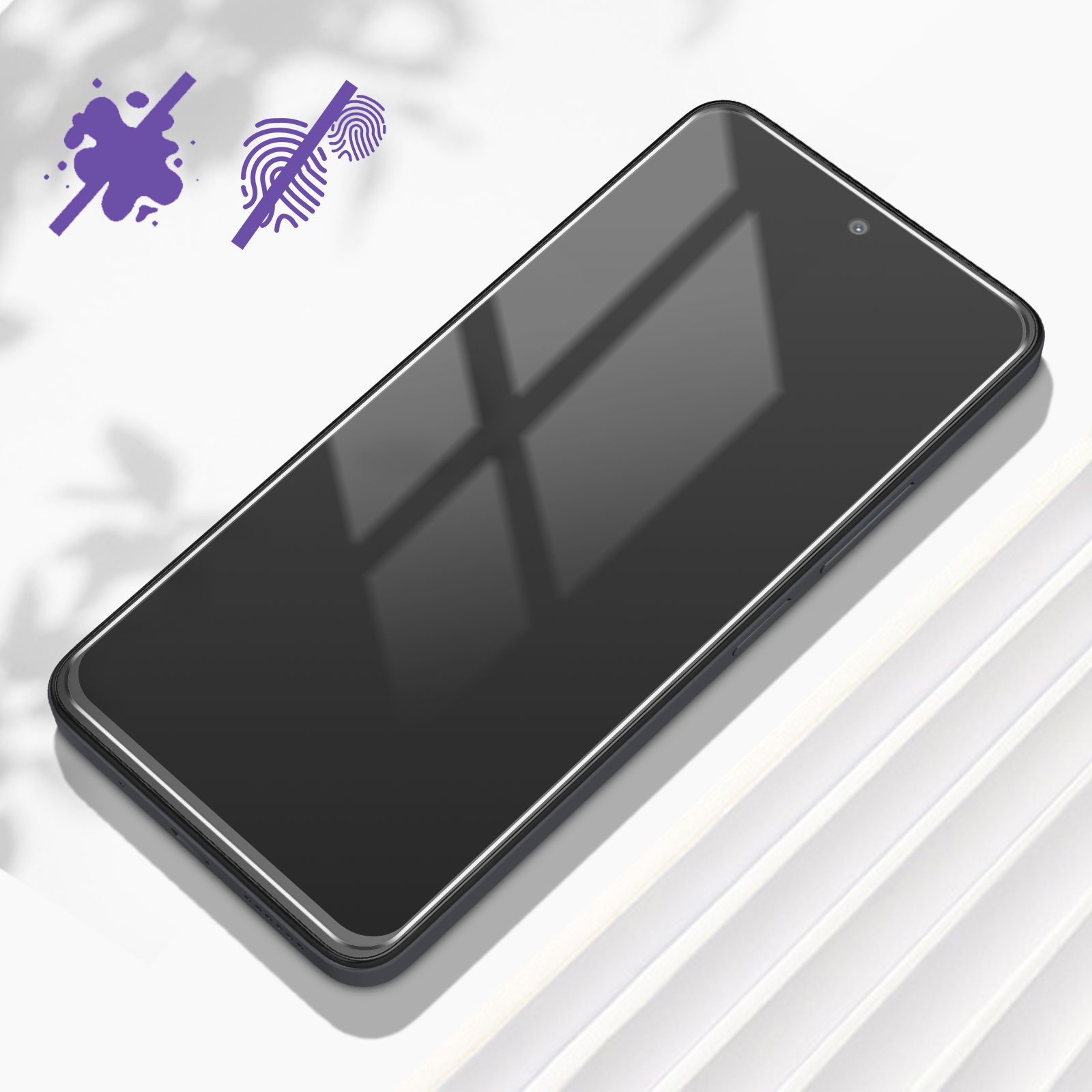 Telefono nero, schermo acceso, sfondo bianco, icone viola.