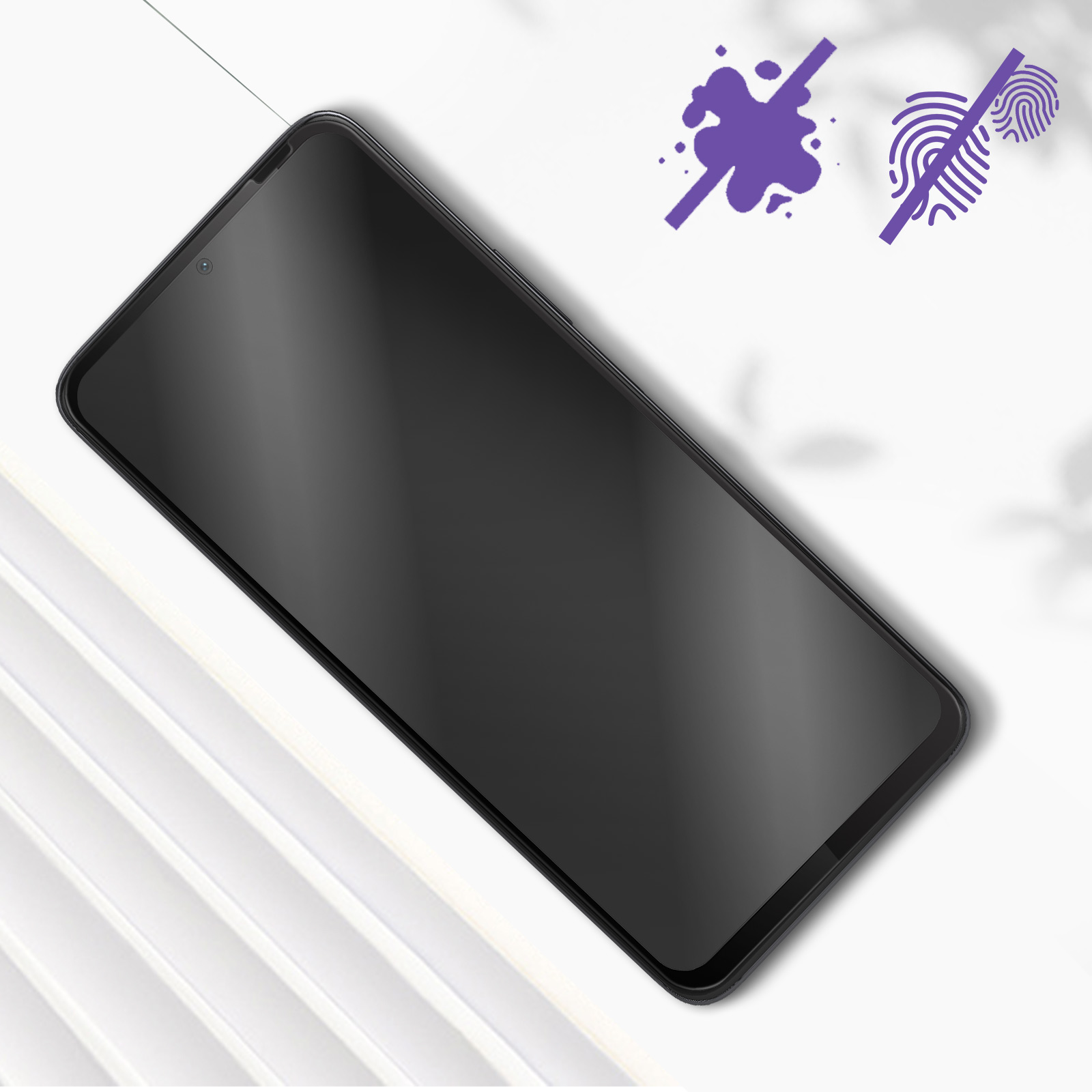 Schermo del telefono nero con icone di macchia e impronta digitale viola.