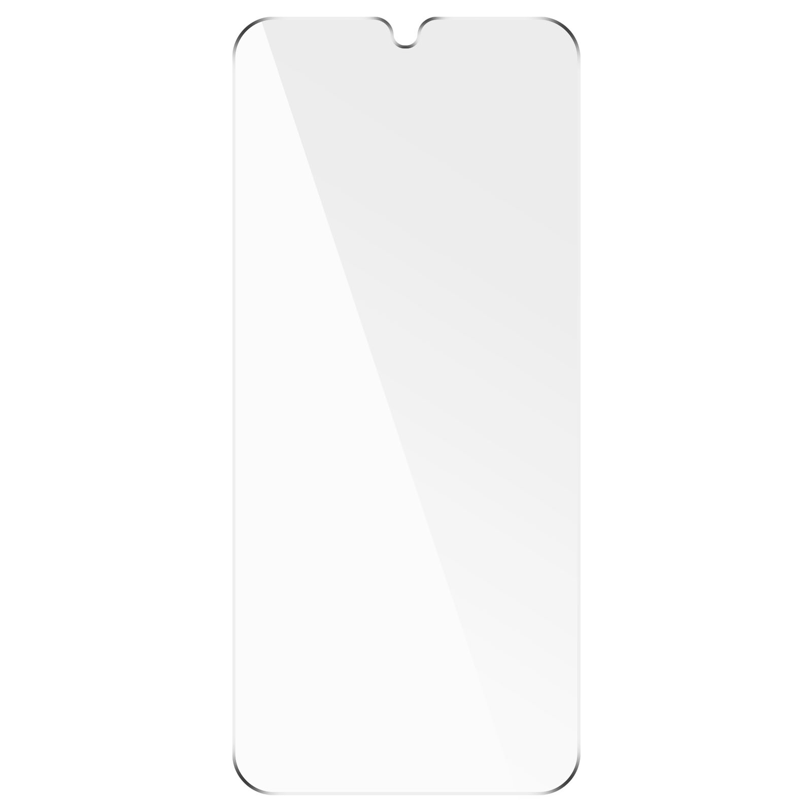 Una protezione per lo schermo trasparente per un telefono, con un piccolo intaglio in alto.