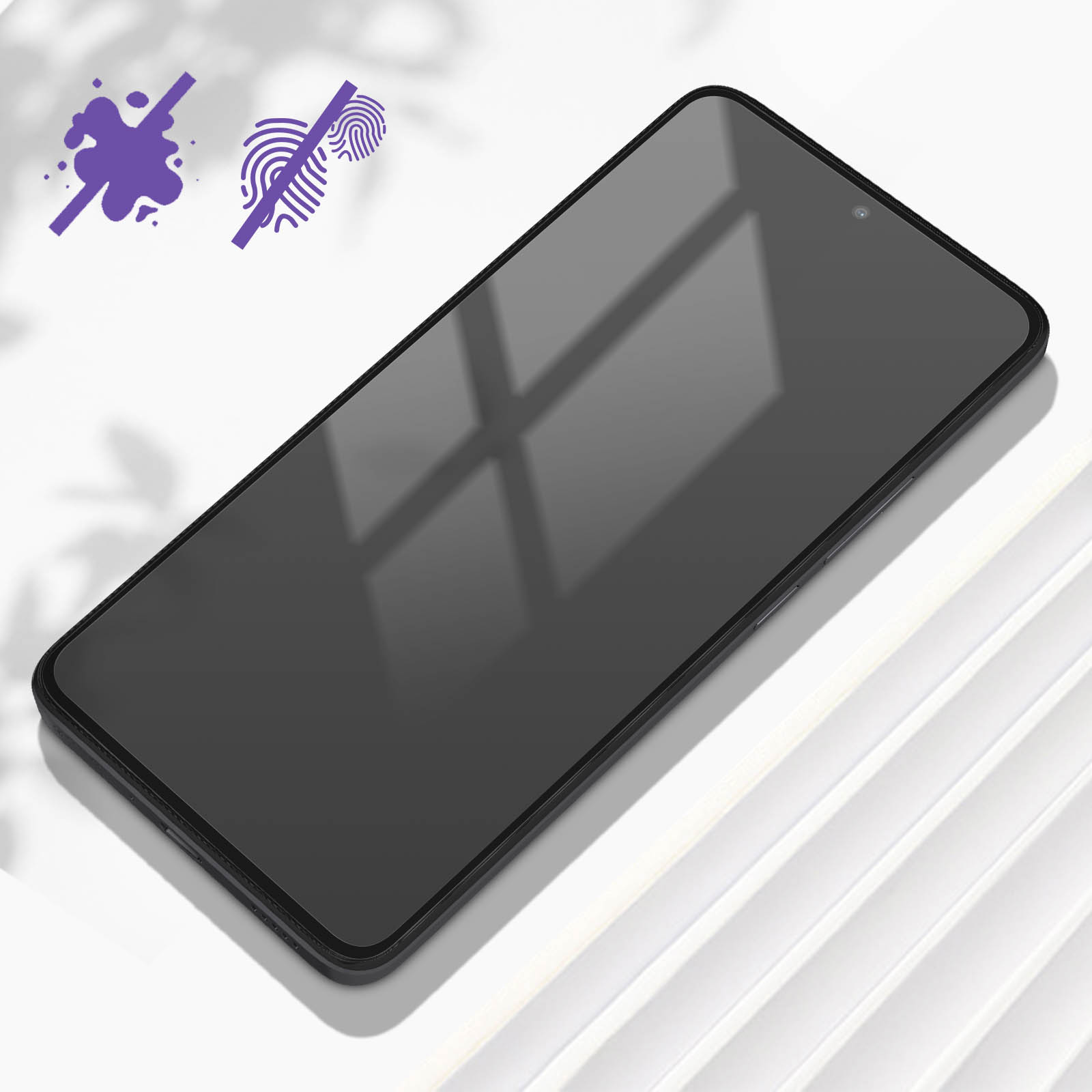 Smartphone nero con protezione schermo, con simboli di impronte digitali e macchie.