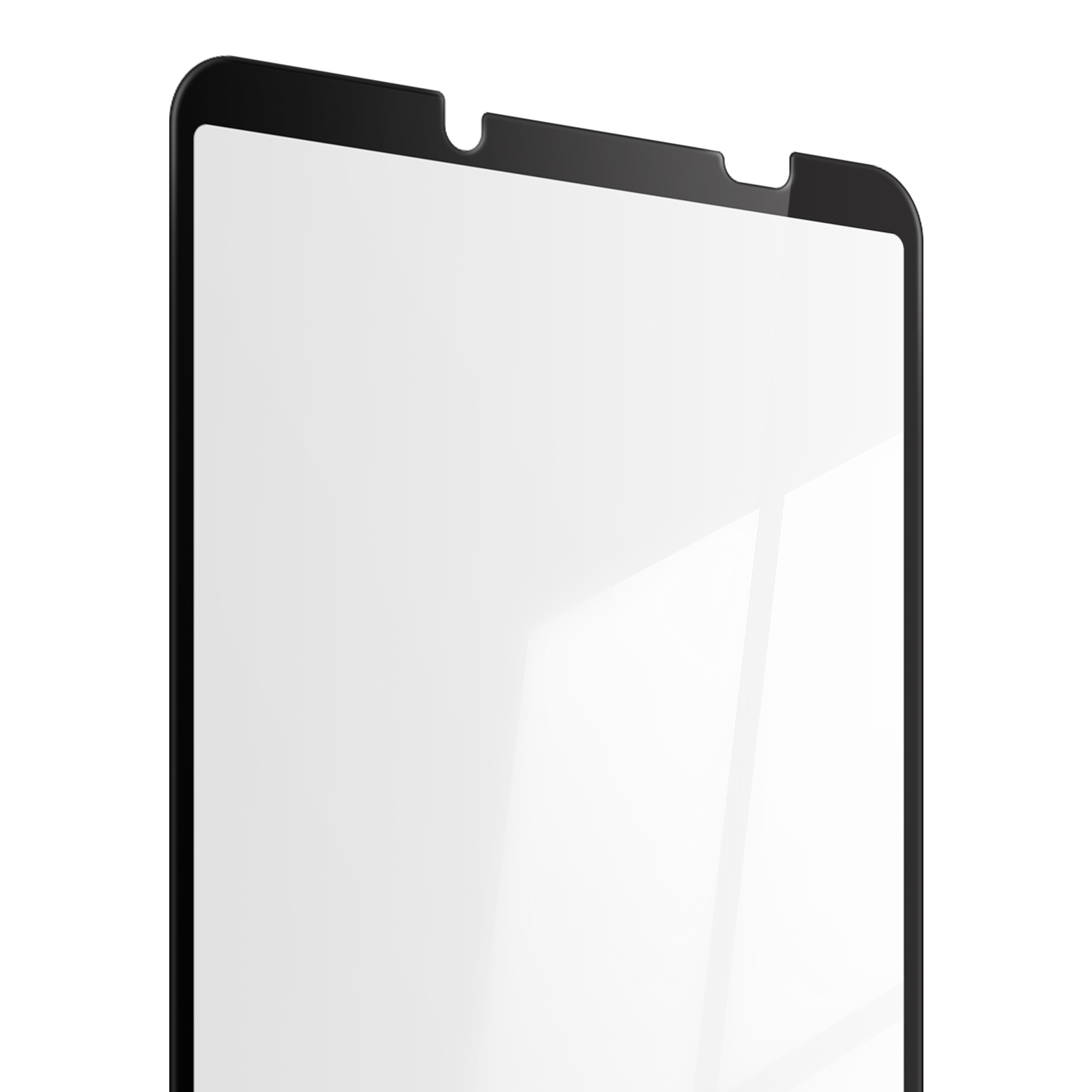 Un gros plan sur un protecteur d'écran noir pour un téléphone, fond blanc.