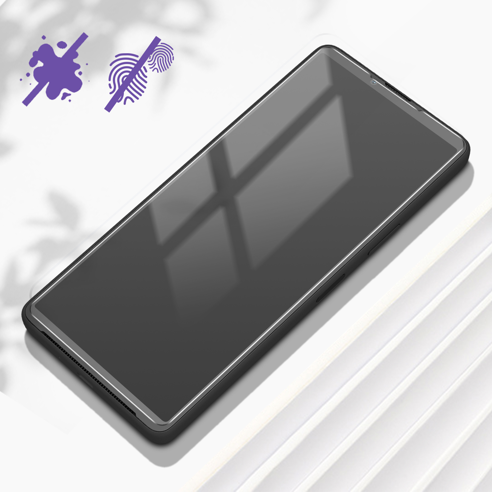 Téléphone noir avec protection d'écran et icônes de tache et d'empreinte digitale violettes.