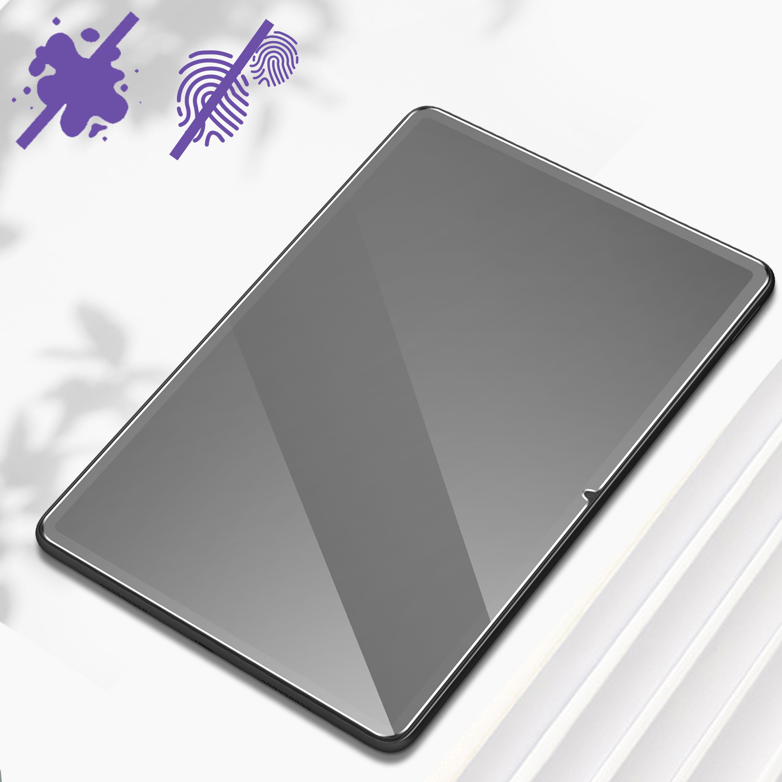Un proteggi schermo per tablet con una visione chiara. Il protettore è grigio. Icone anti-impronte e antigraffio.