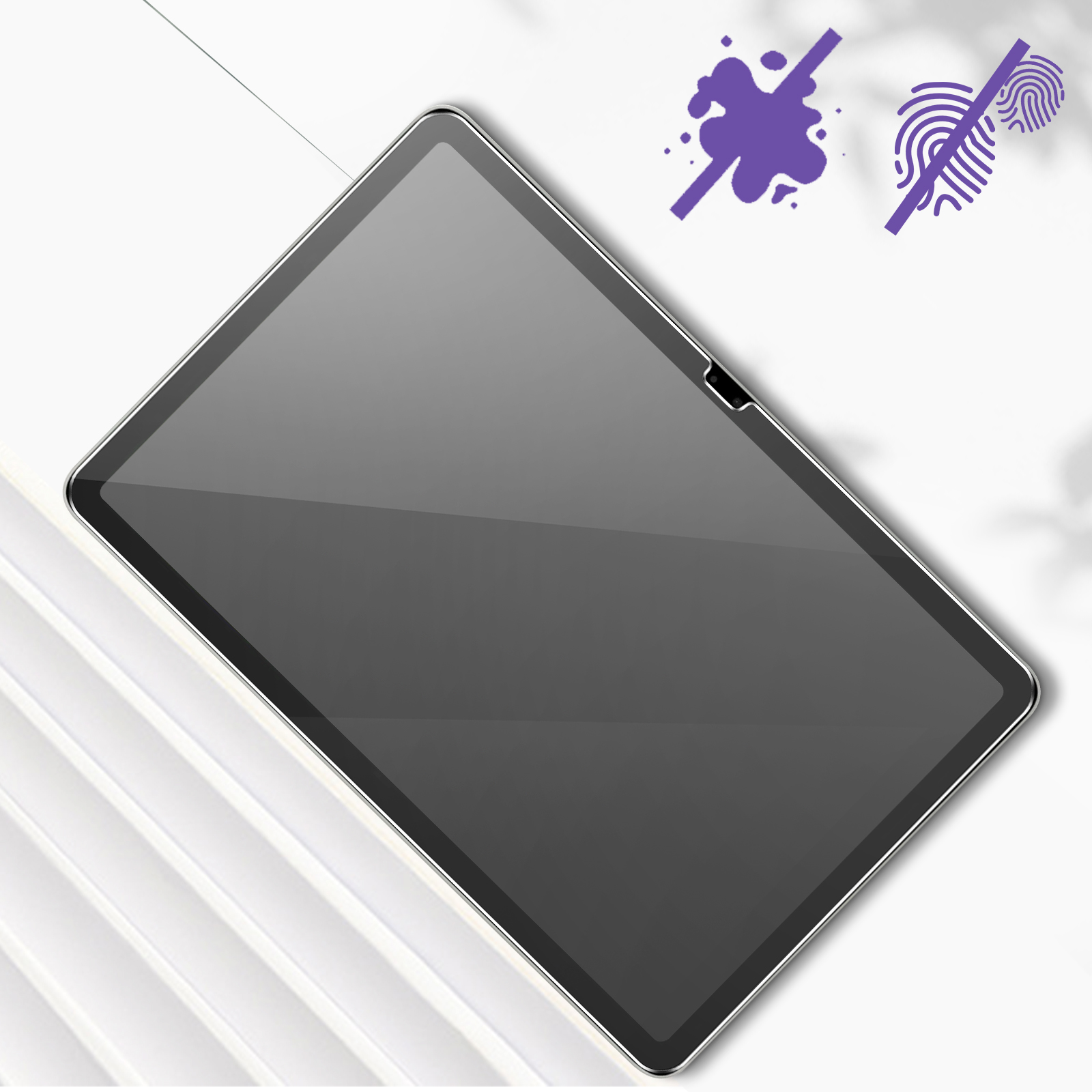 Schermo del tablet scuro con icone che indicano resistenza a macchie e impronte digitali.