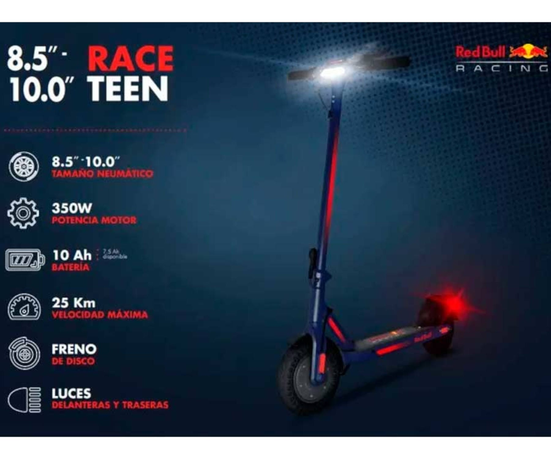Monopattino Red Bull Racing con testo: 8.5" - 10.0" TEEN. Include luci e freno a disco.