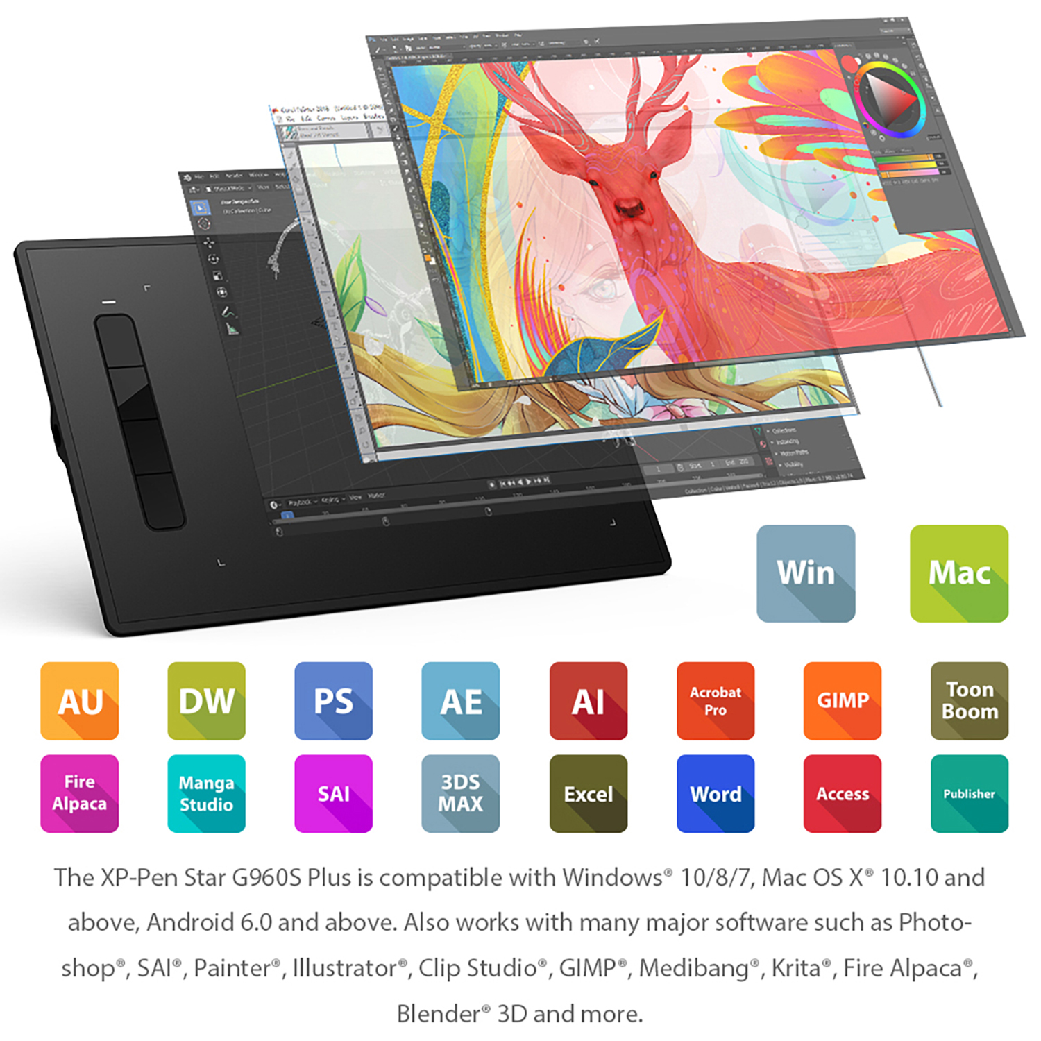 Una tableta gráfica, pantalla e iconos de software, con texto sobre compatibilidad.