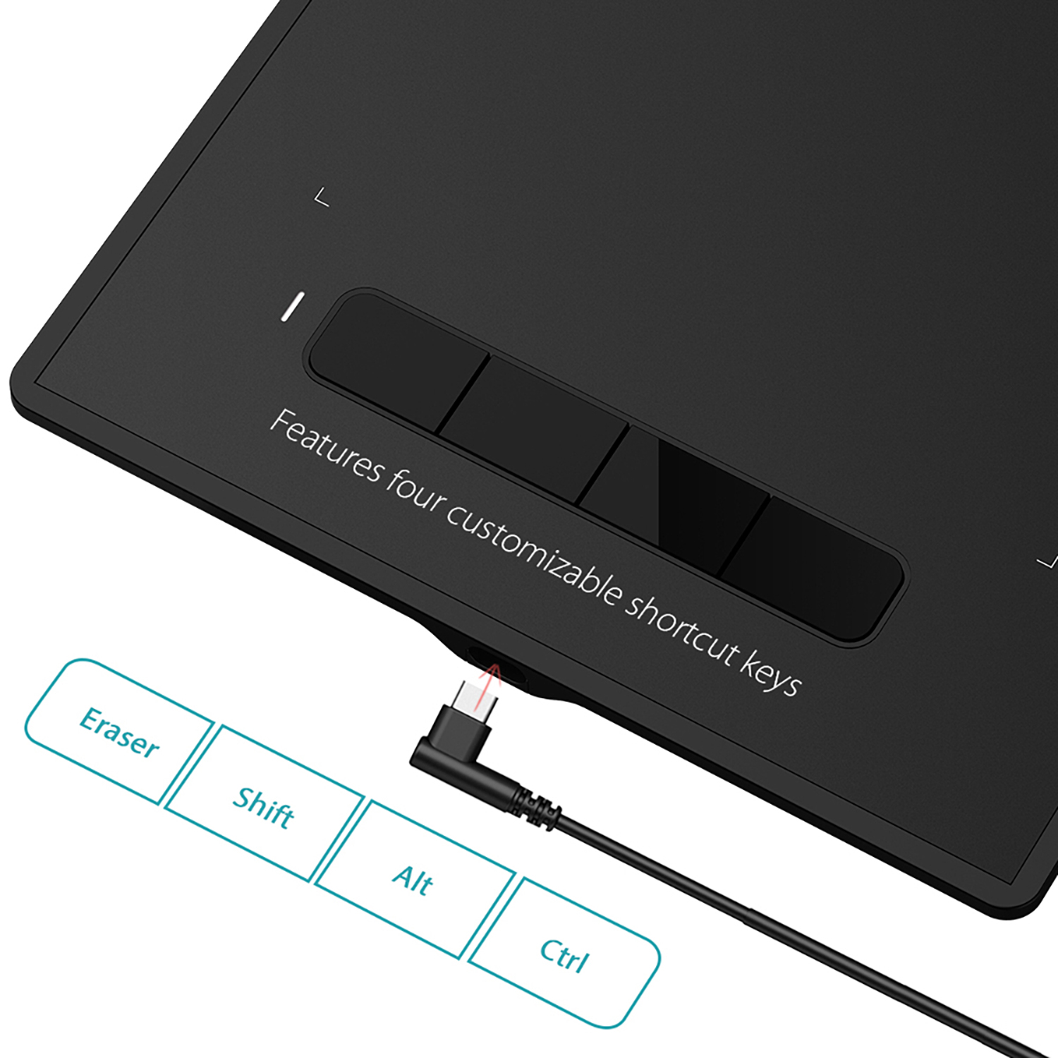 Tableta de dibujo negra con teclas de acceso directo y conexión USB.  Etiquetas: 'Eraser', 'Shift'...