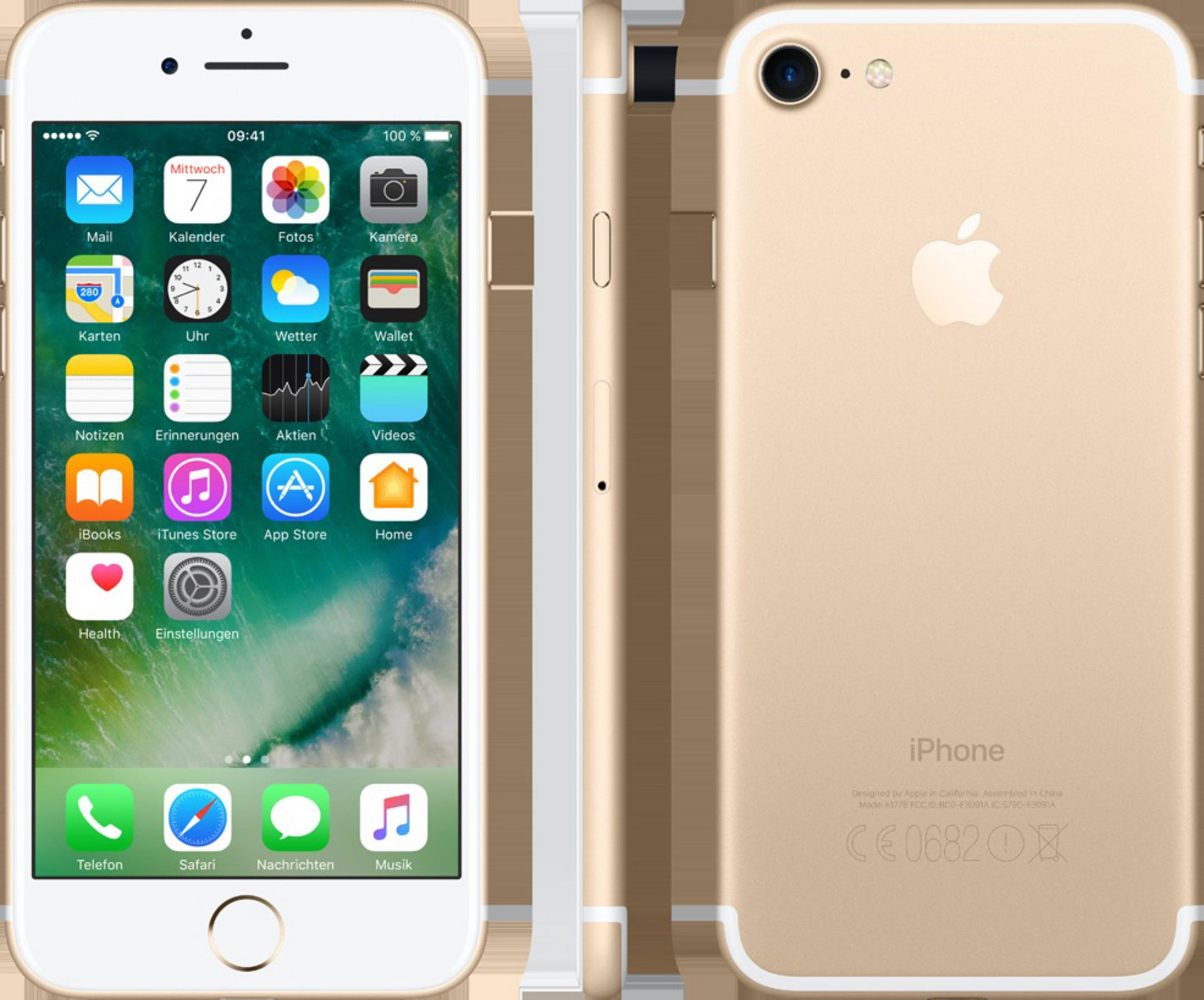 Goldenes iPhone mit eingeschaltetem Bildschirm, Apps zeigend. Weißer Hintergrund, Seiten- und Rückansicht.