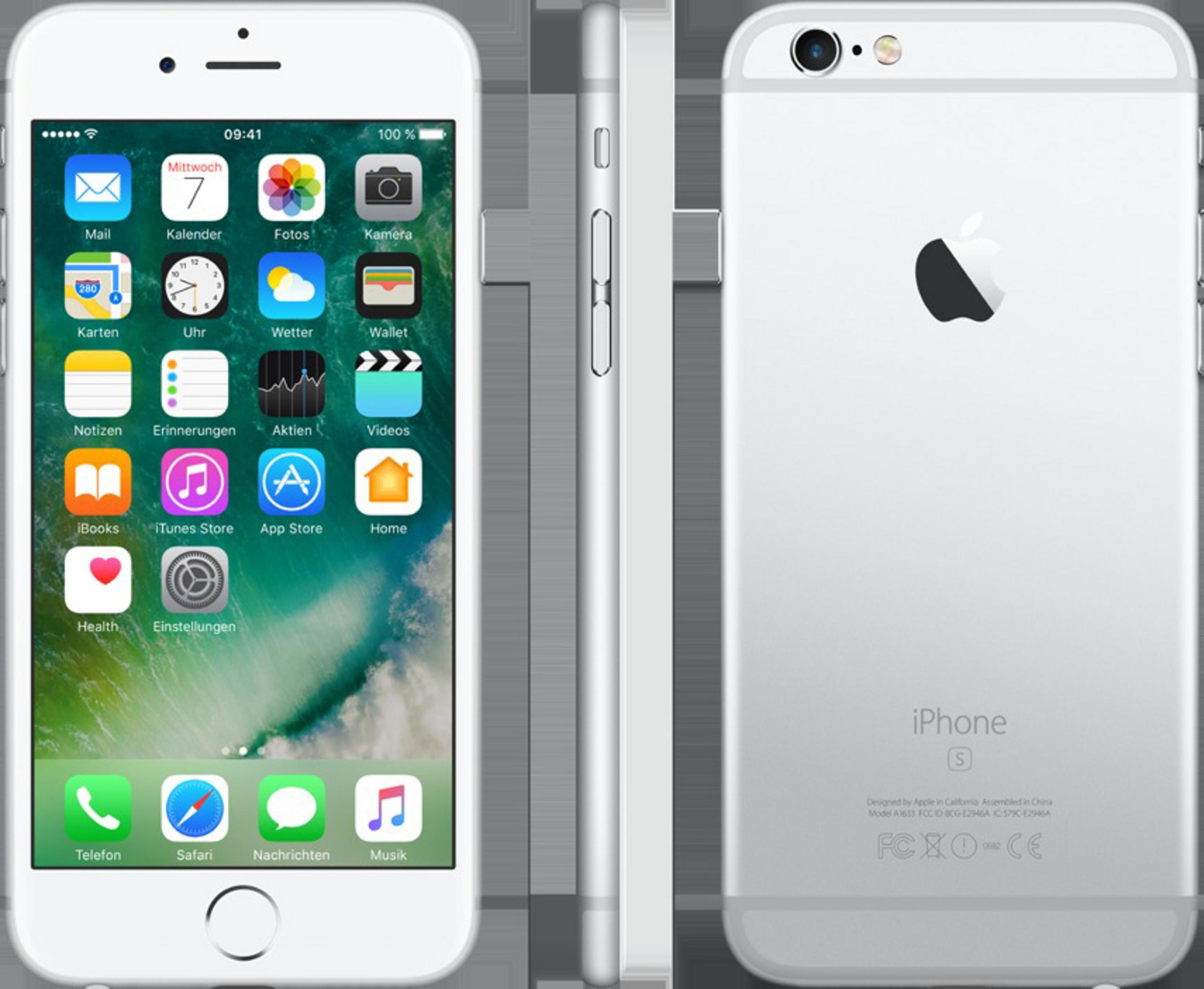Ein weißes iPhone S, das einen Startbildschirm mit App-Symbolen sowie Seiten- und Rückansicht zeigt.