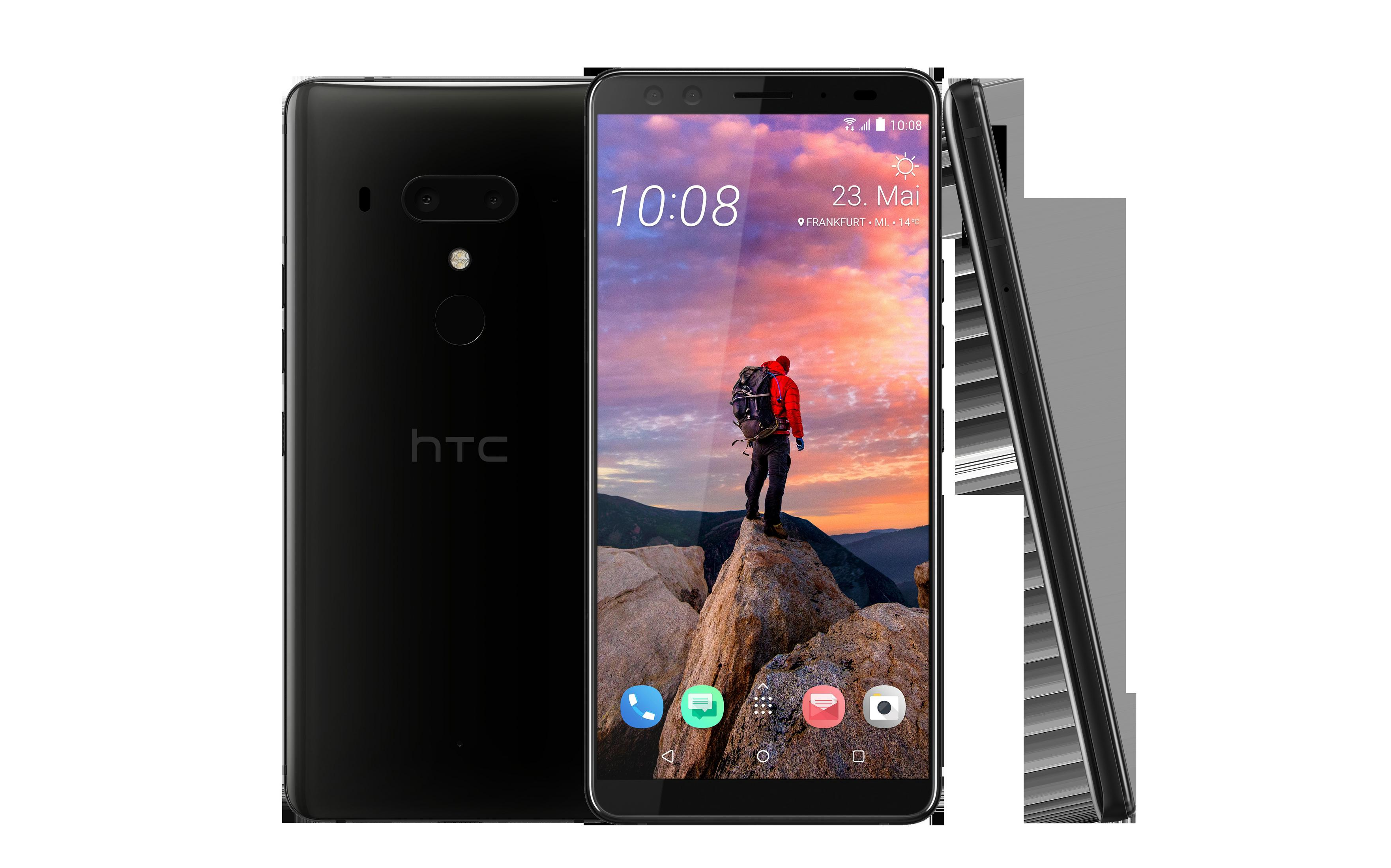 Schwarzes HTC-Telefon mit einer Bergszene auf dem Bildschirm. Drei Ansichten.