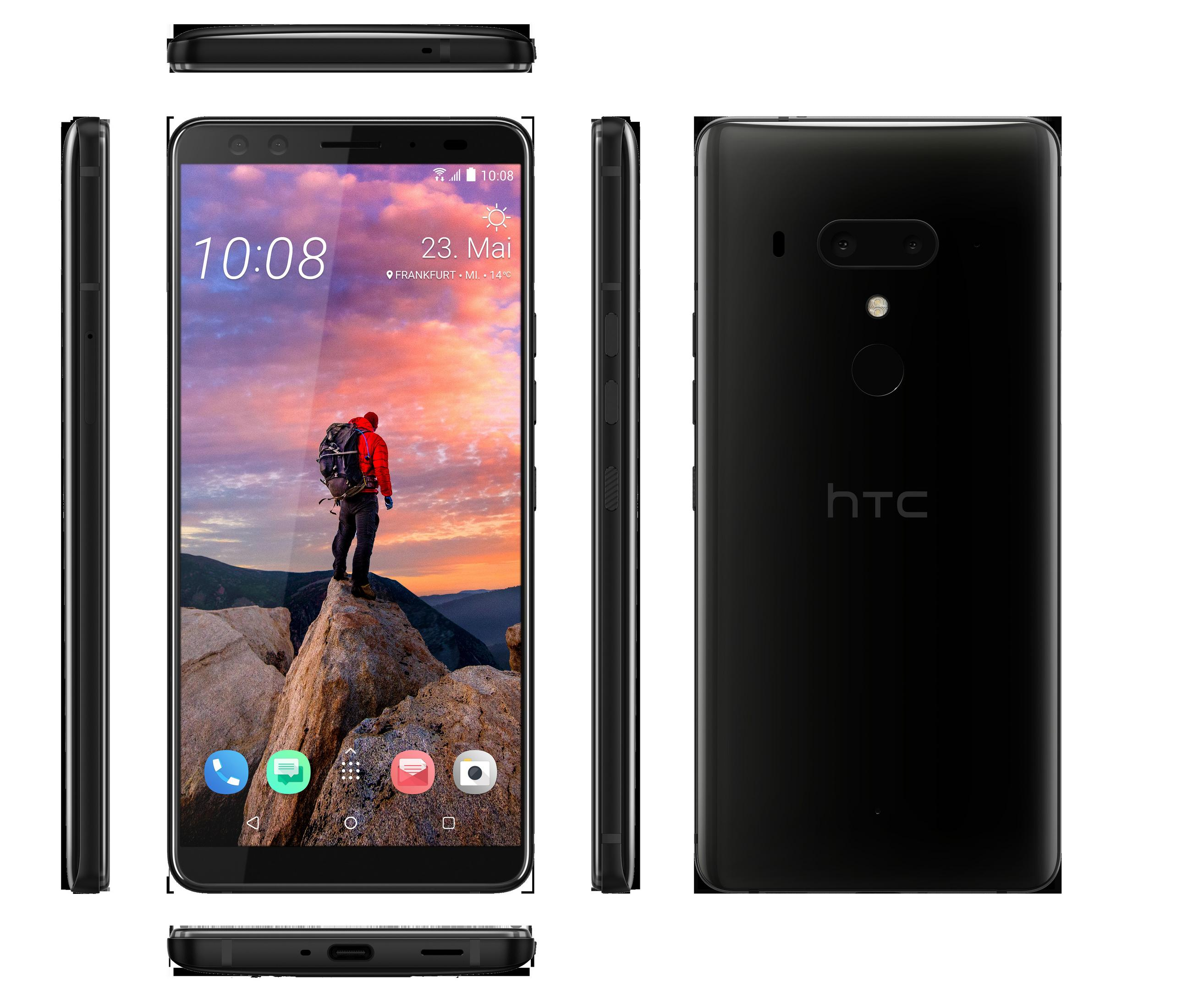 Smartphone mit Bergansicht auf dem Bildschirm, umgeben von Seiten- und Draufsichten, vor weißem Hintergrund.