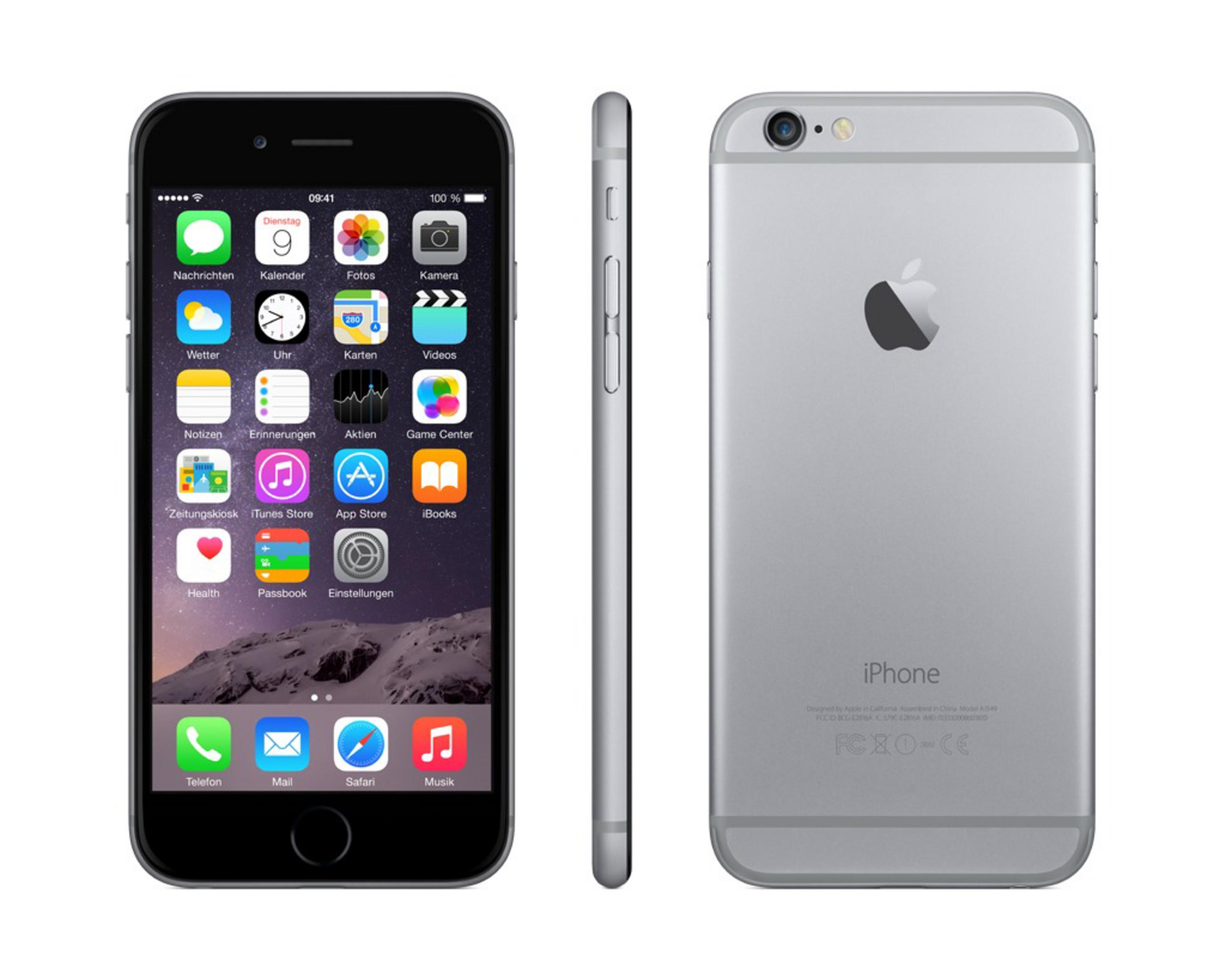 Drei Ansichten eines silbernen iPhones, die den Bildschirm, die Seite und die Rückseite zeigen.