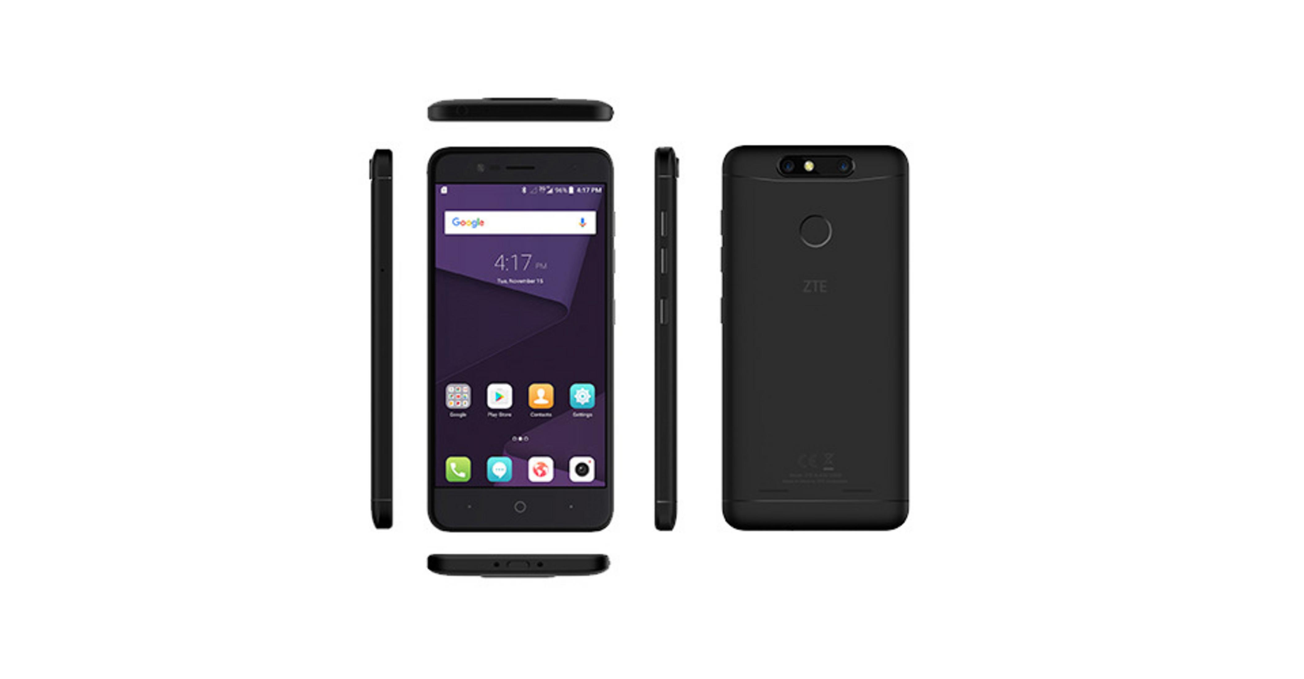 Ein schwarzes Smartphone mit verschiedenen Ansichten, das den Bildschirm und die Rückseite zeigt.