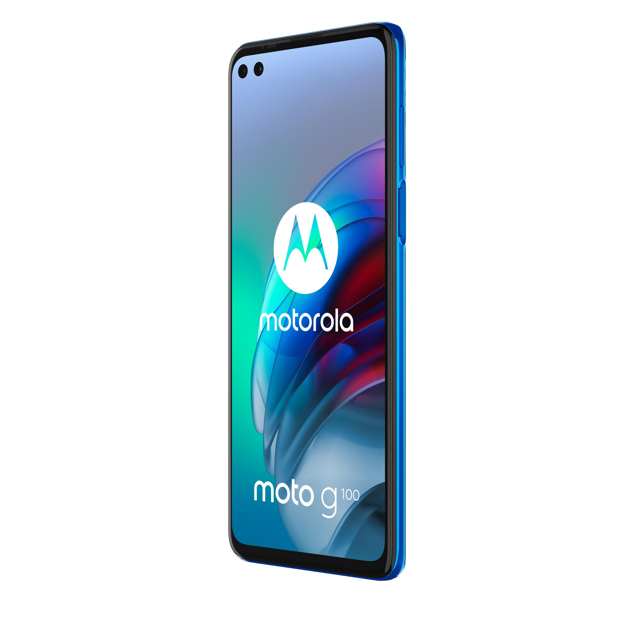Blaues Motorola-Telefon, das einen farbenfrohen Bildschirm mit dem Motorola-Logo zeigt.