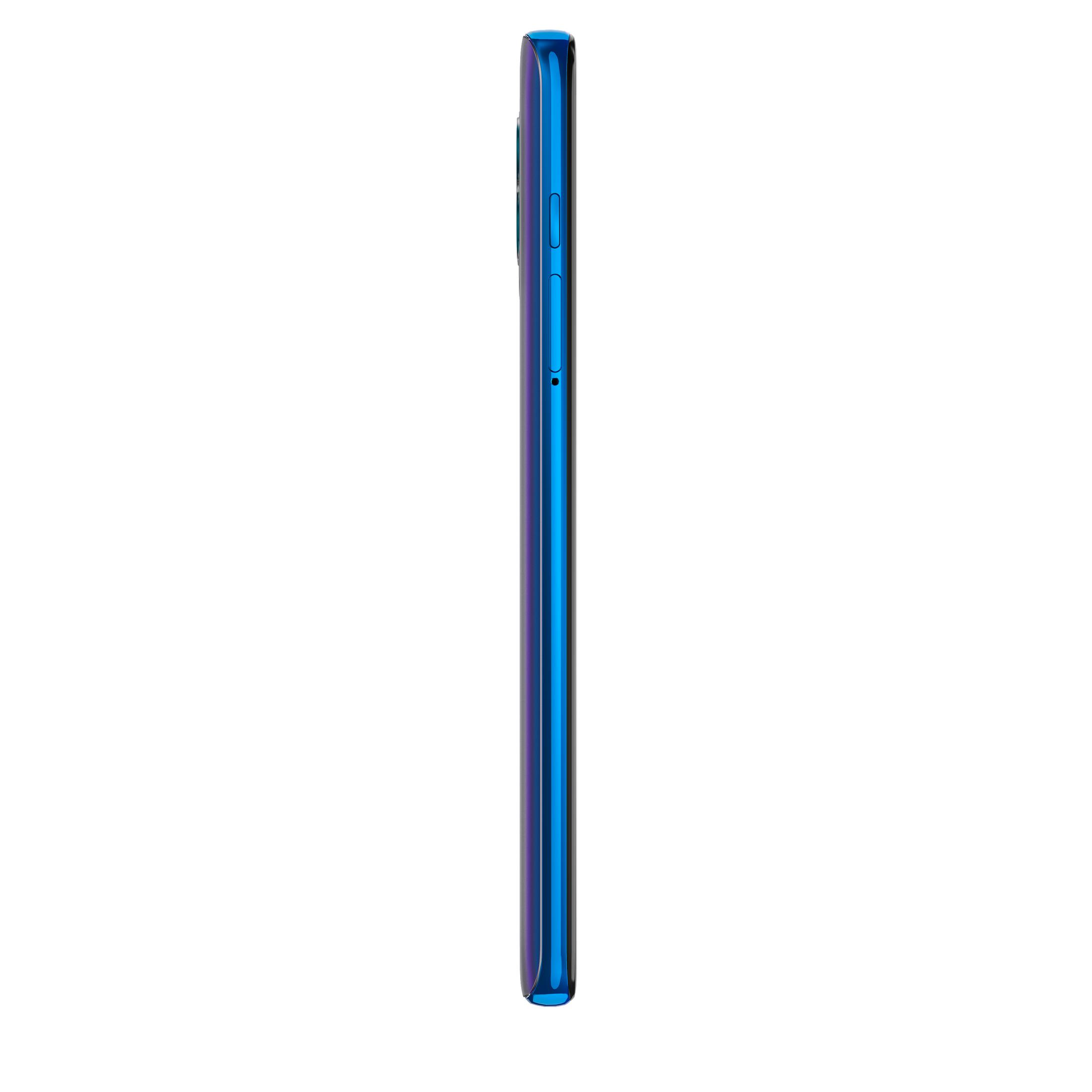 Blaues Telefon von der Seite. Zeigt Knöpfe. Isoliert auf weißem Hintergrund.
