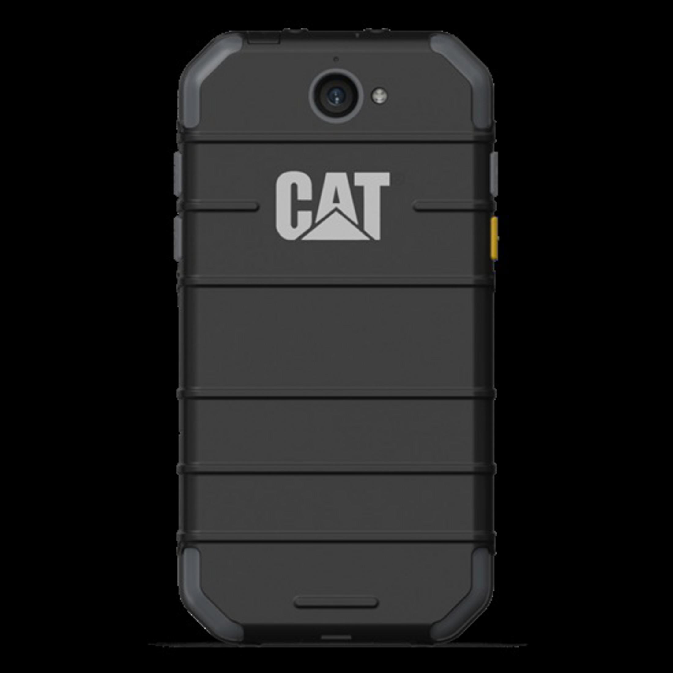 Schwarzes CAT-Telefon auf schwarzem Hintergrund. Das Telefon hat eine Kamera und das CAT-Logo auf der Rückseite.