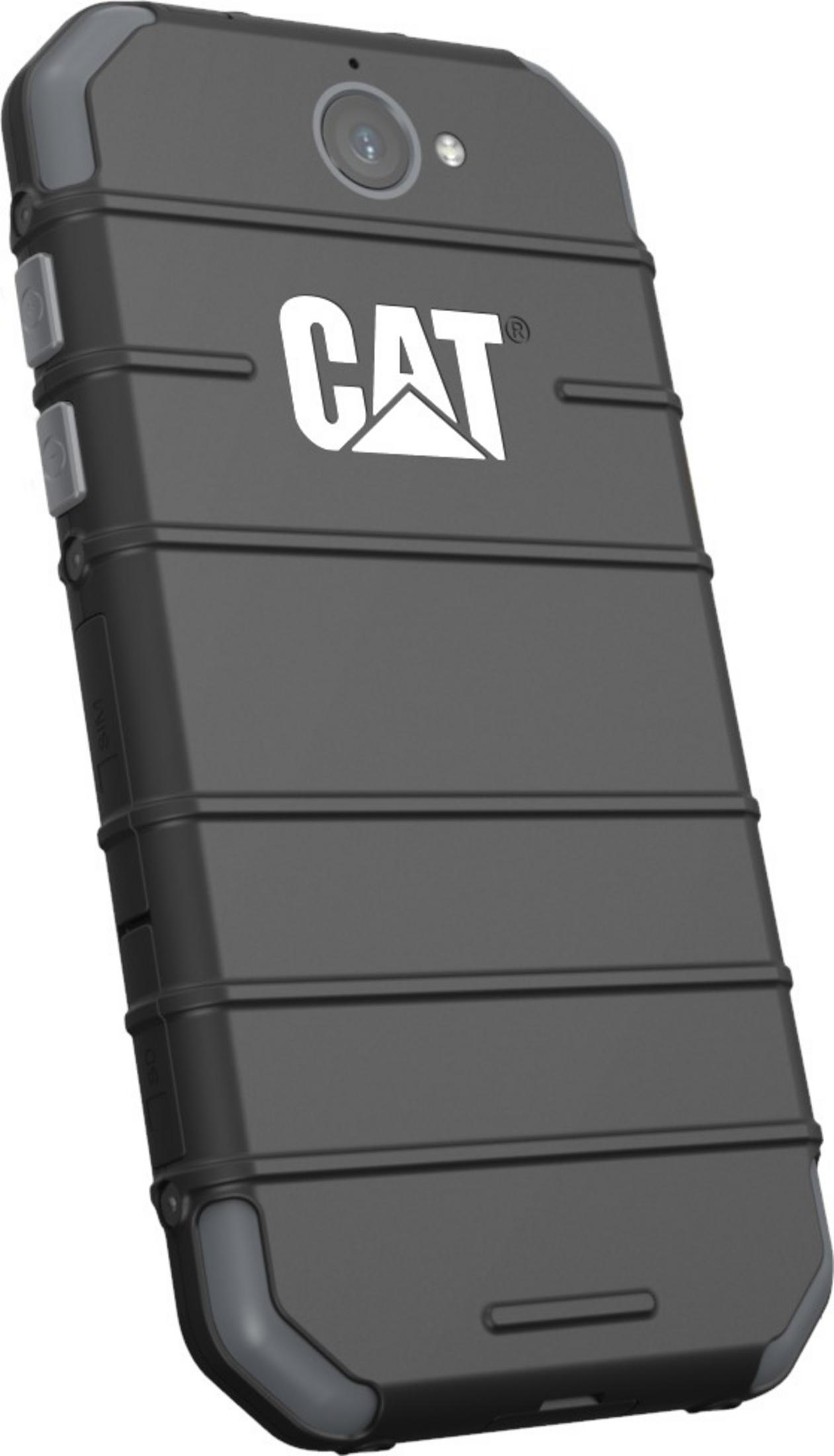 Schwarzes, robustes CAT-Telefon mit Kamera und CAT-Logo.