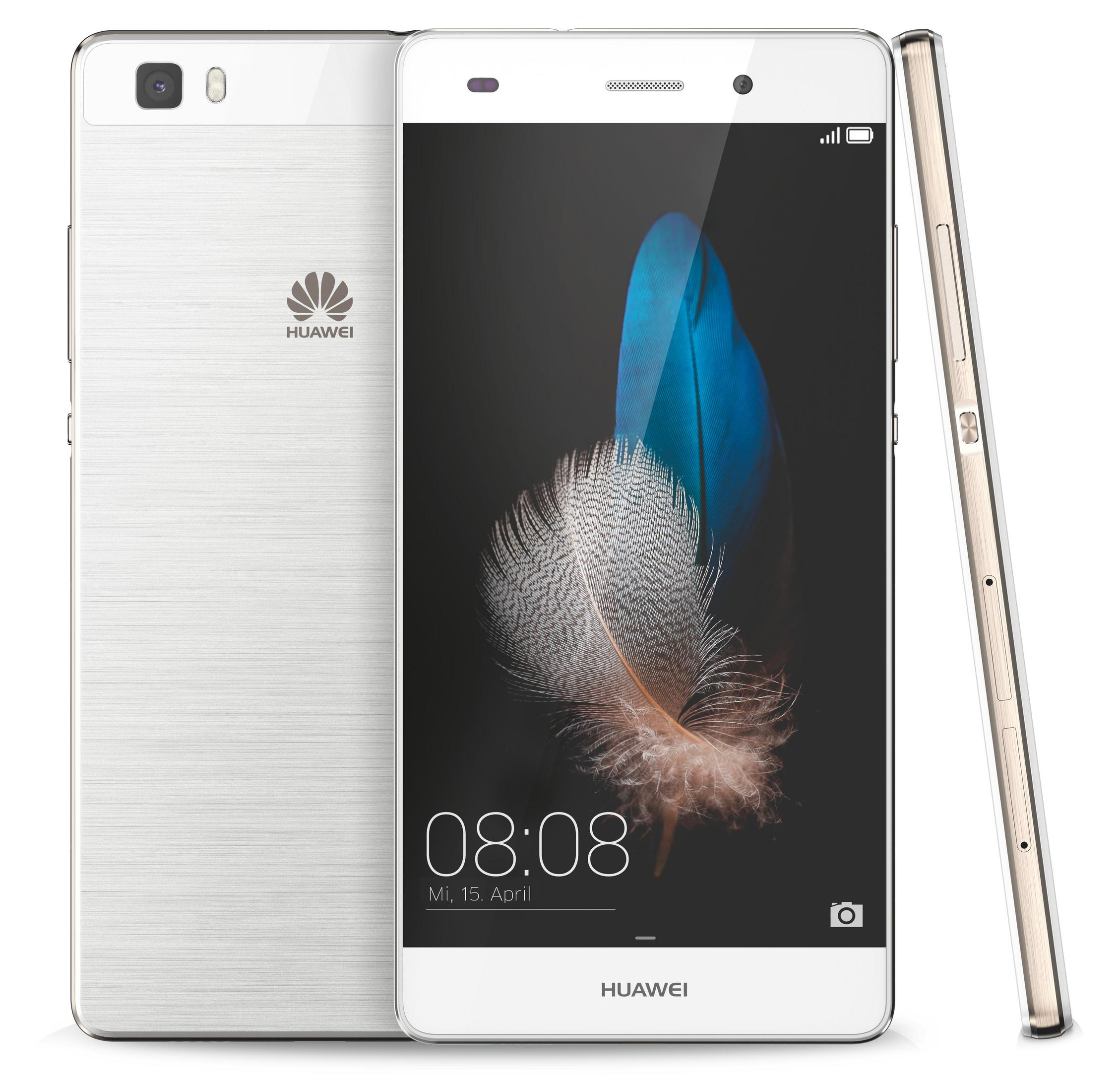 Ein weißes Smartphone, Vorder- und Rückseite zeigend, mit Federbild auf dem Bildschirm.